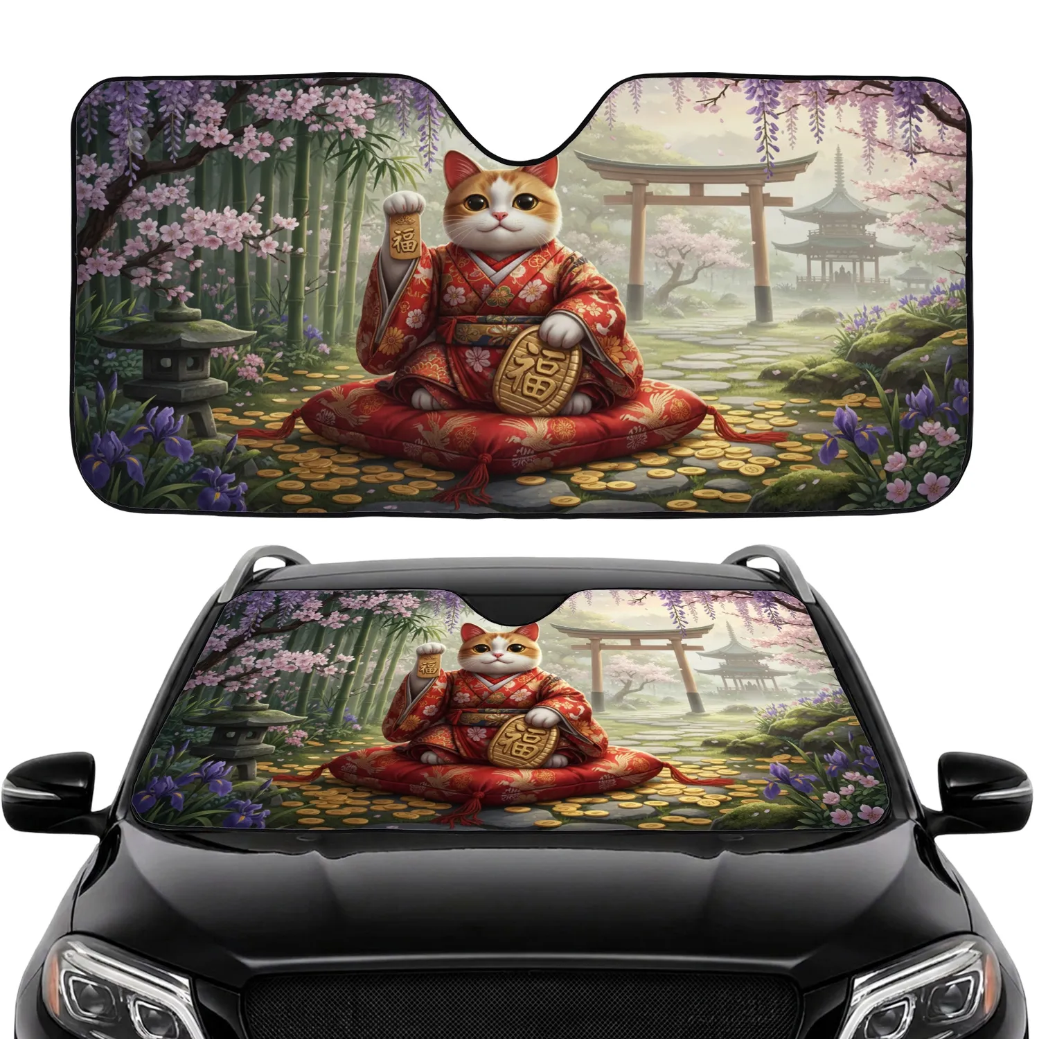 Maneki-neko Cat 福 Character Gold Coins Japanese Temple Garden - Car Interior Upgrade Car Sunshade - 1