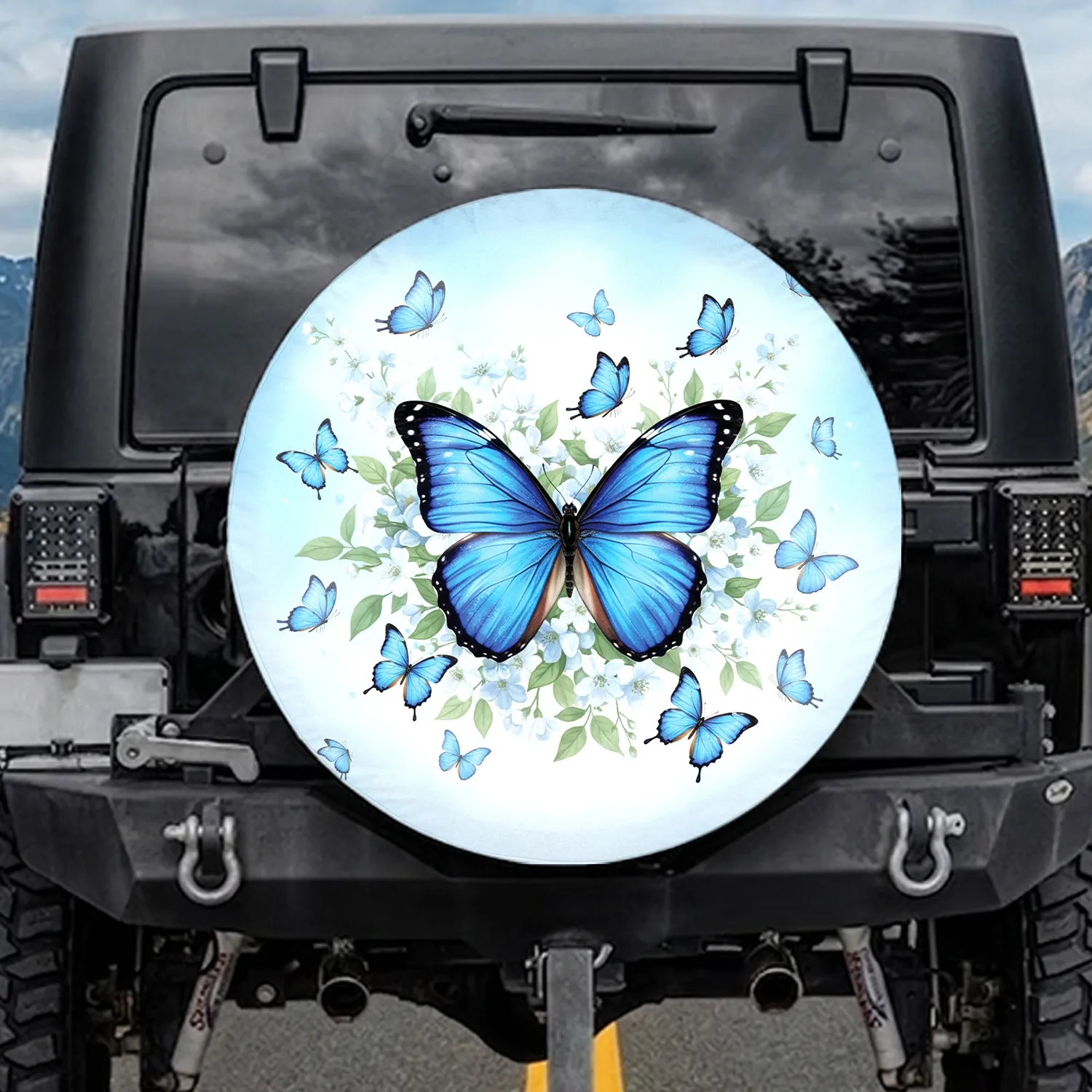 Blue Morpho Butterflies White Blossoms Foliage Sky - Nature Lover Gift Spare Tire Cover - 1