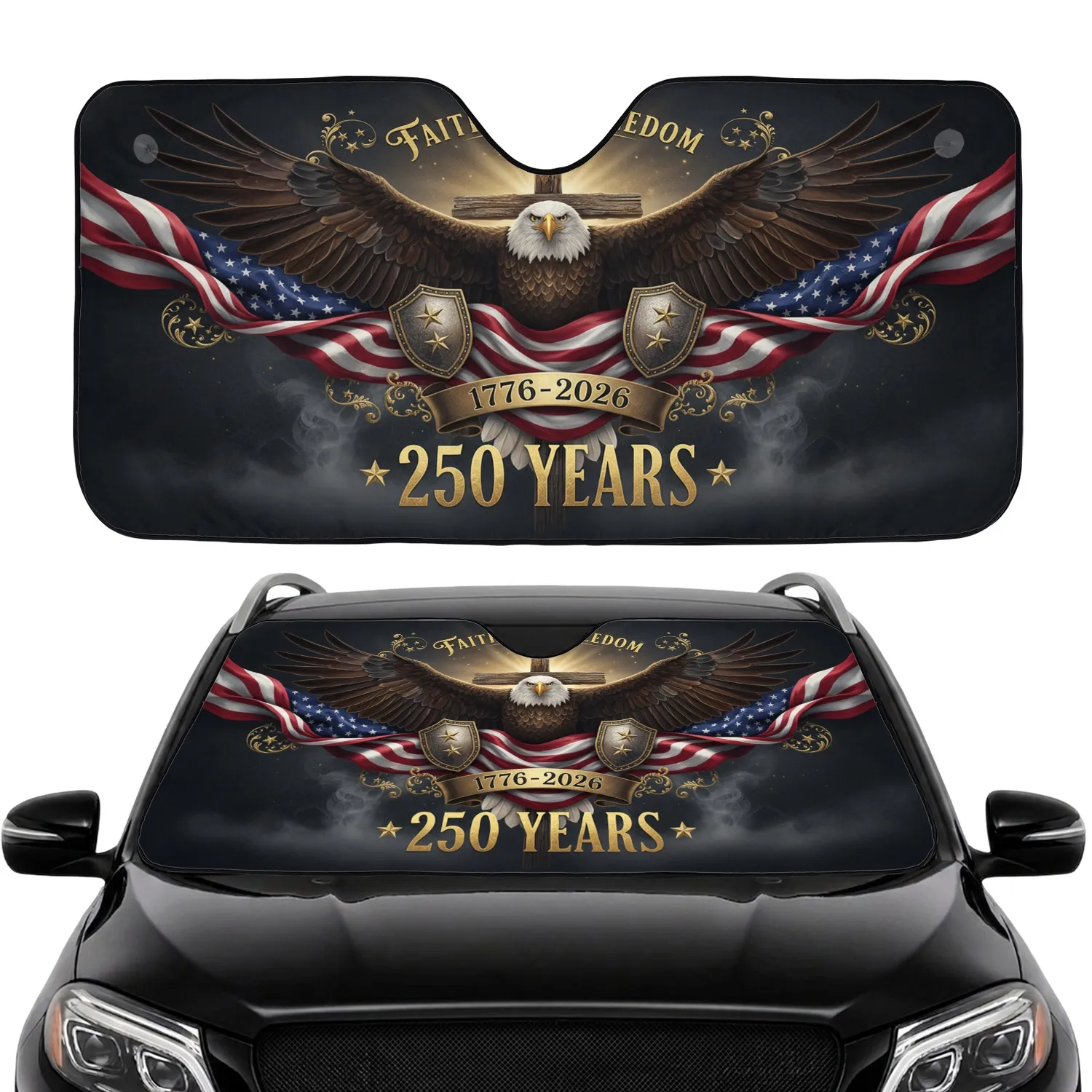 Bald Eagle American Flag Cross 1776-2026 - USA 250th Anniversary Road Trip Gift Car Sunshade - 1