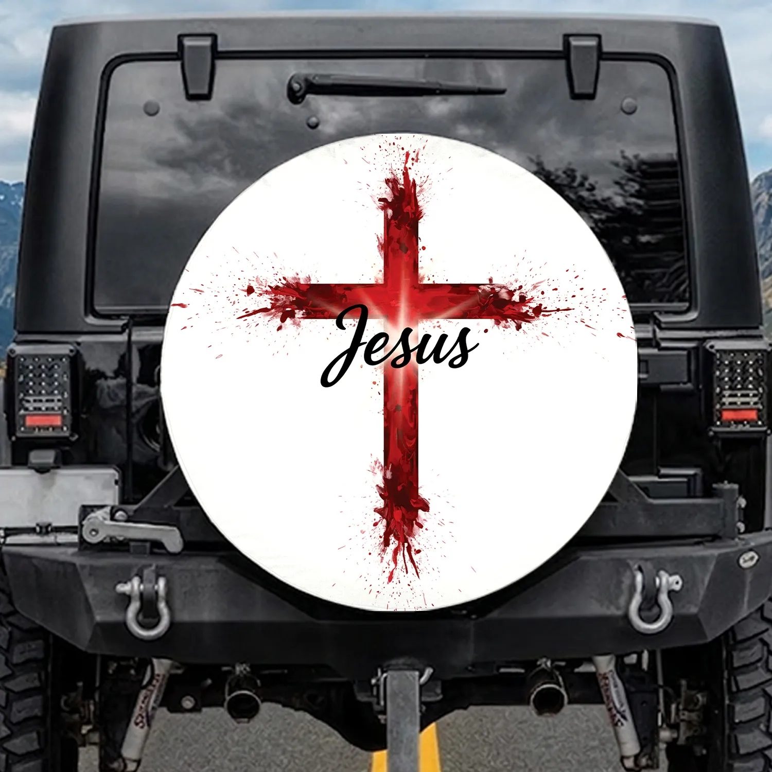 Red Cross Jesus Script - Christian Faith Statement Spare Tire Cover - 1