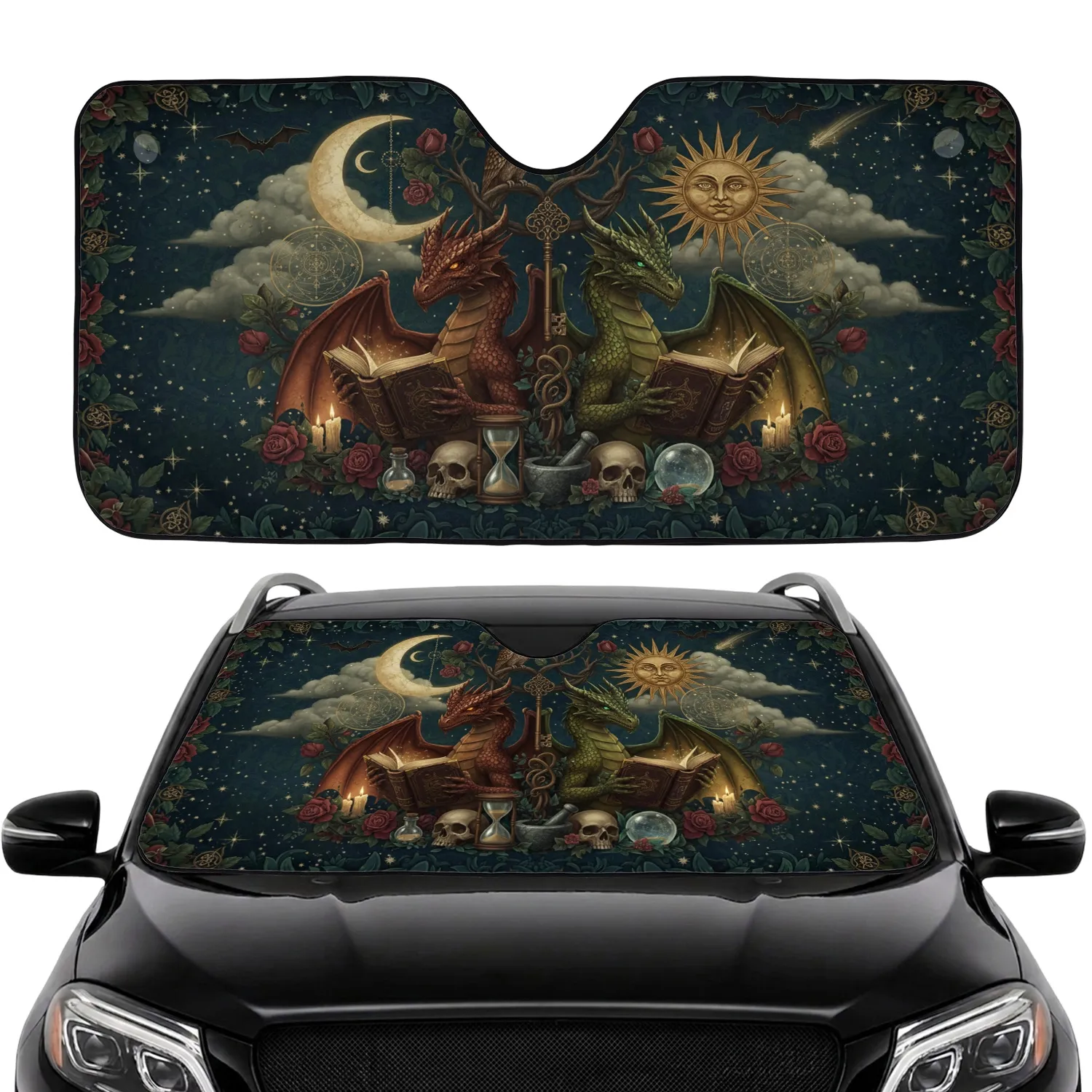 Dragons Arcane Spellbooks Moon Sun Key Owl - Car Interior Upgrade Mystic Lover Gift Car Sunshade - 1