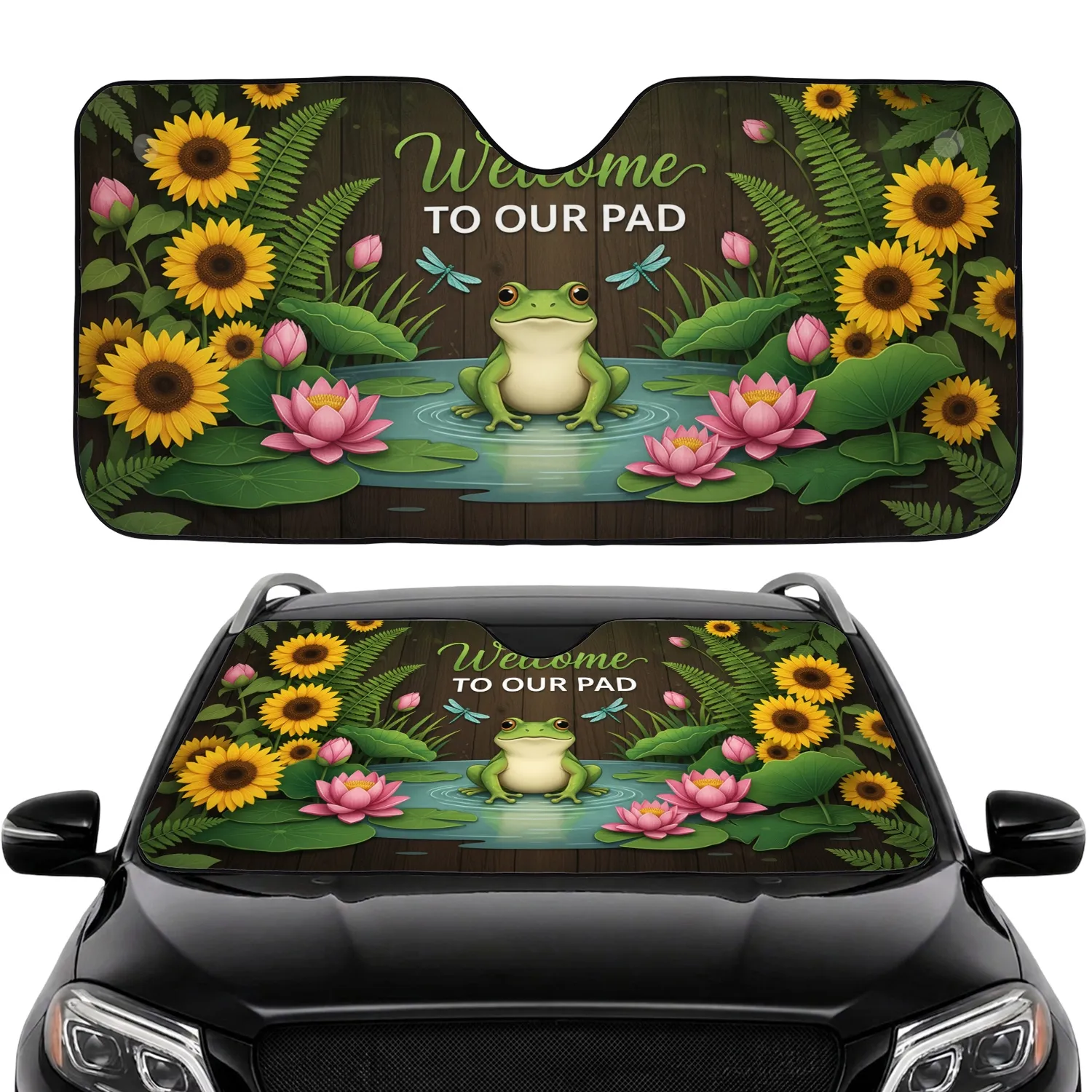 Green Frog Welcome To Our Pad Lotus Pond Sunflowers - Road Trip Gift Car Sunshade - 1
