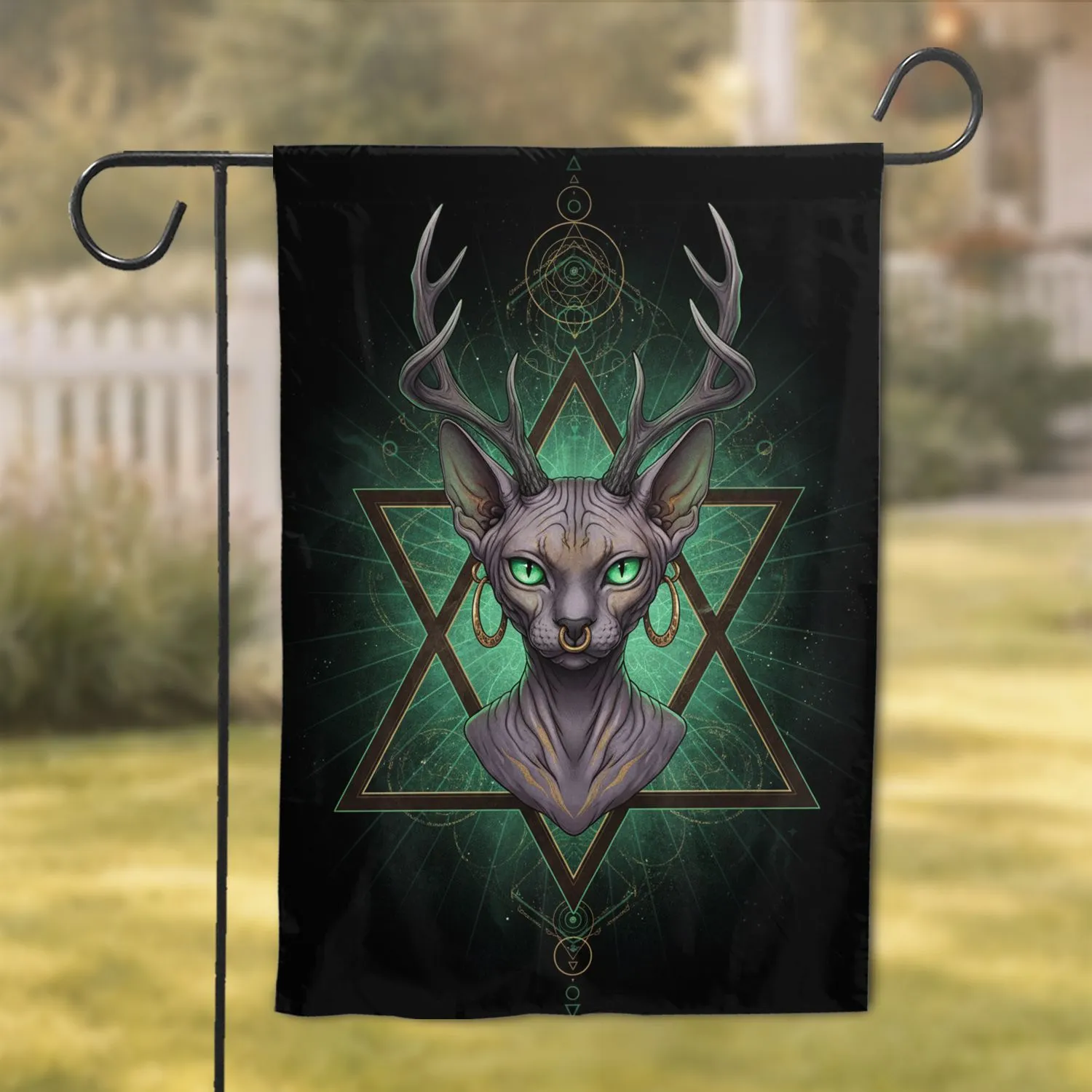 Sphynx Cat Deer Antlers Hoop Earrings Nose Ring Triangle Frame - Home Decor Gift Garden Flag - 1
