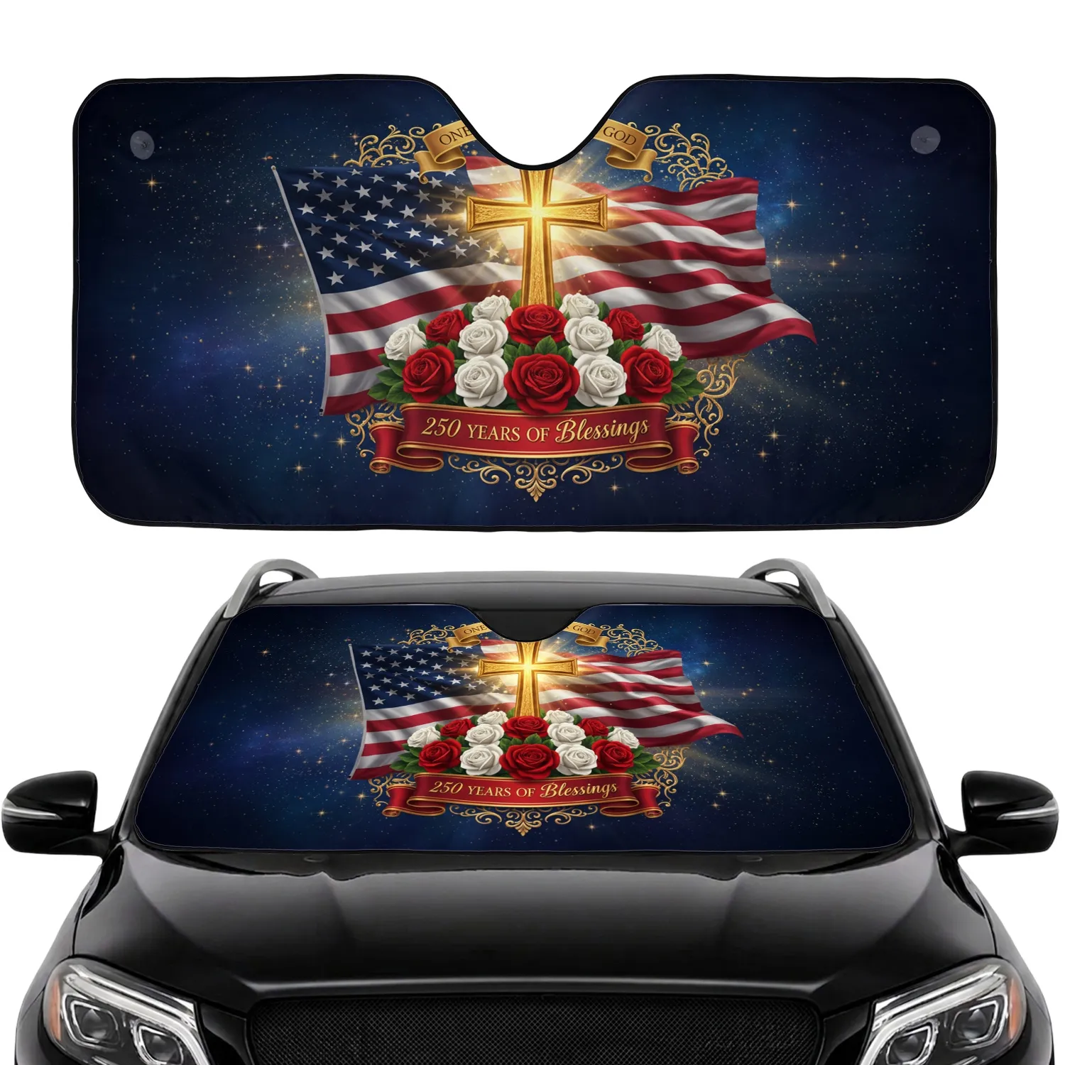 Golden Cross American Flag 250th Anniversary Road Trip Essential Car Sunshade - 1