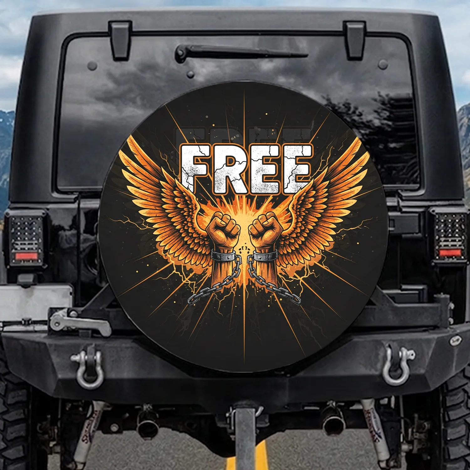 "FREE" Text Fists Breaking Chains Fiery Orange Gold Wings - Empowering Use Spare Tire Cover - 1