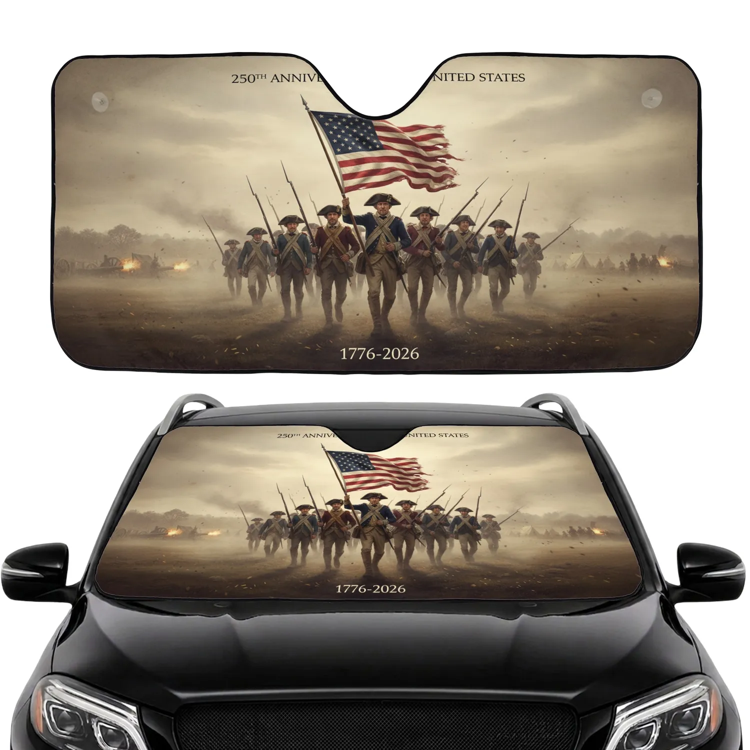 Betsy Ross American Flag Continental Army Soldiers USA 250th Anniversary Road Trip Car Sunshade - 1