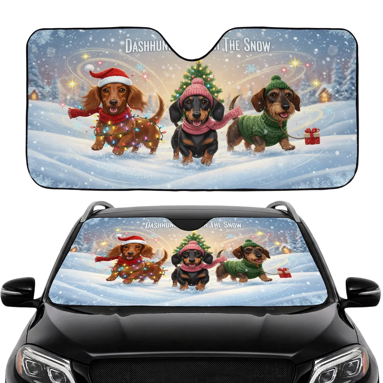 Dashhund Through The Snow Christmas Dachshunds Winter Scene - Road Trip Gift Car Sunshade - 1