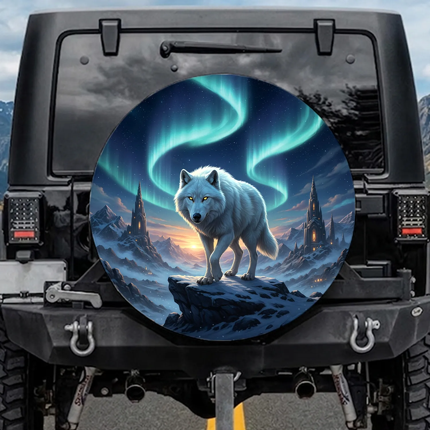 White Arctic Wolf Snowy Mountains Aurora Borealis - Wildlife Lover Gift Spare Tire Cover - 1