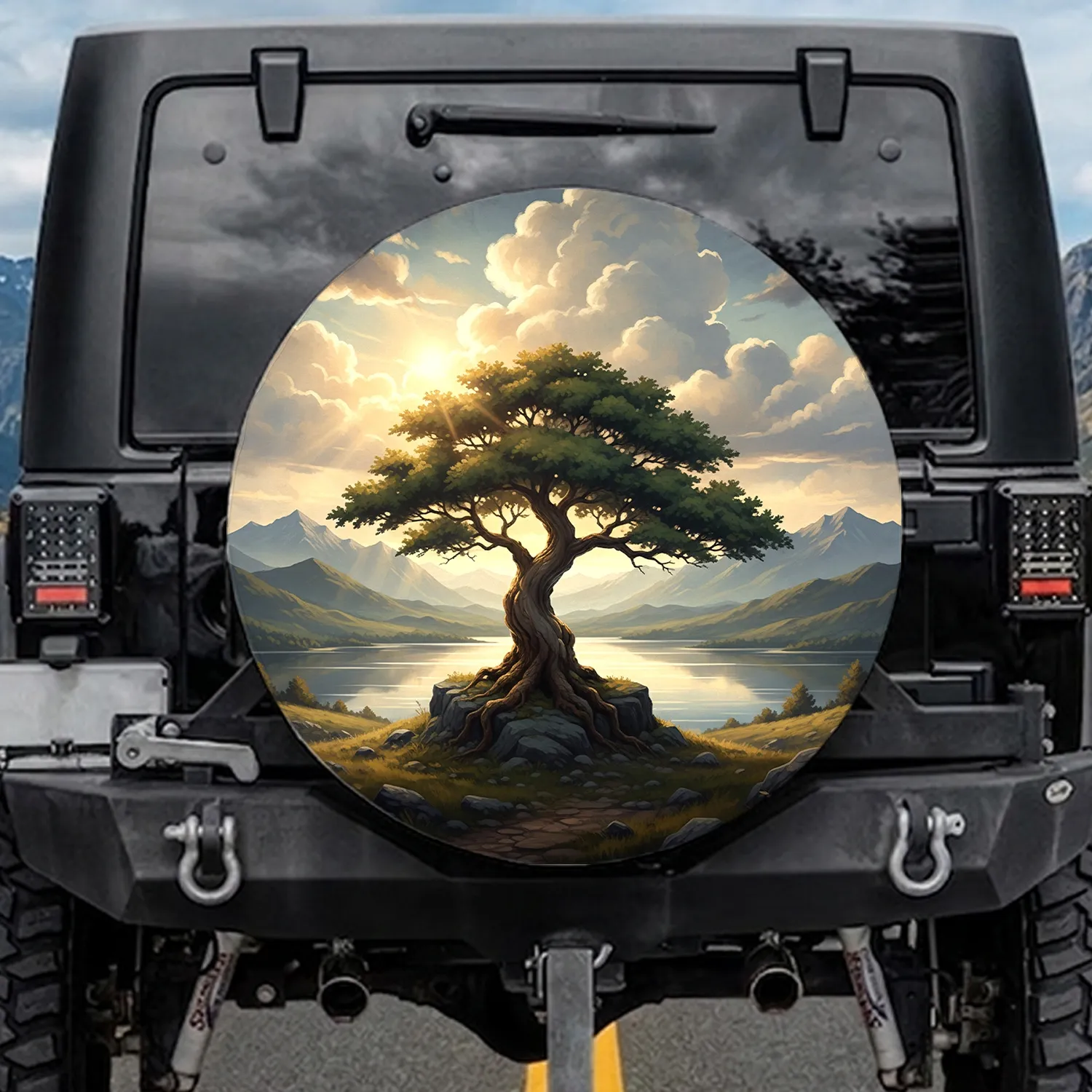 Gnarled Tree Lake Mountain Dramatic Clouds - Nature Lover Outdoor Enthusiast Gift Spare Tire Cover - 1