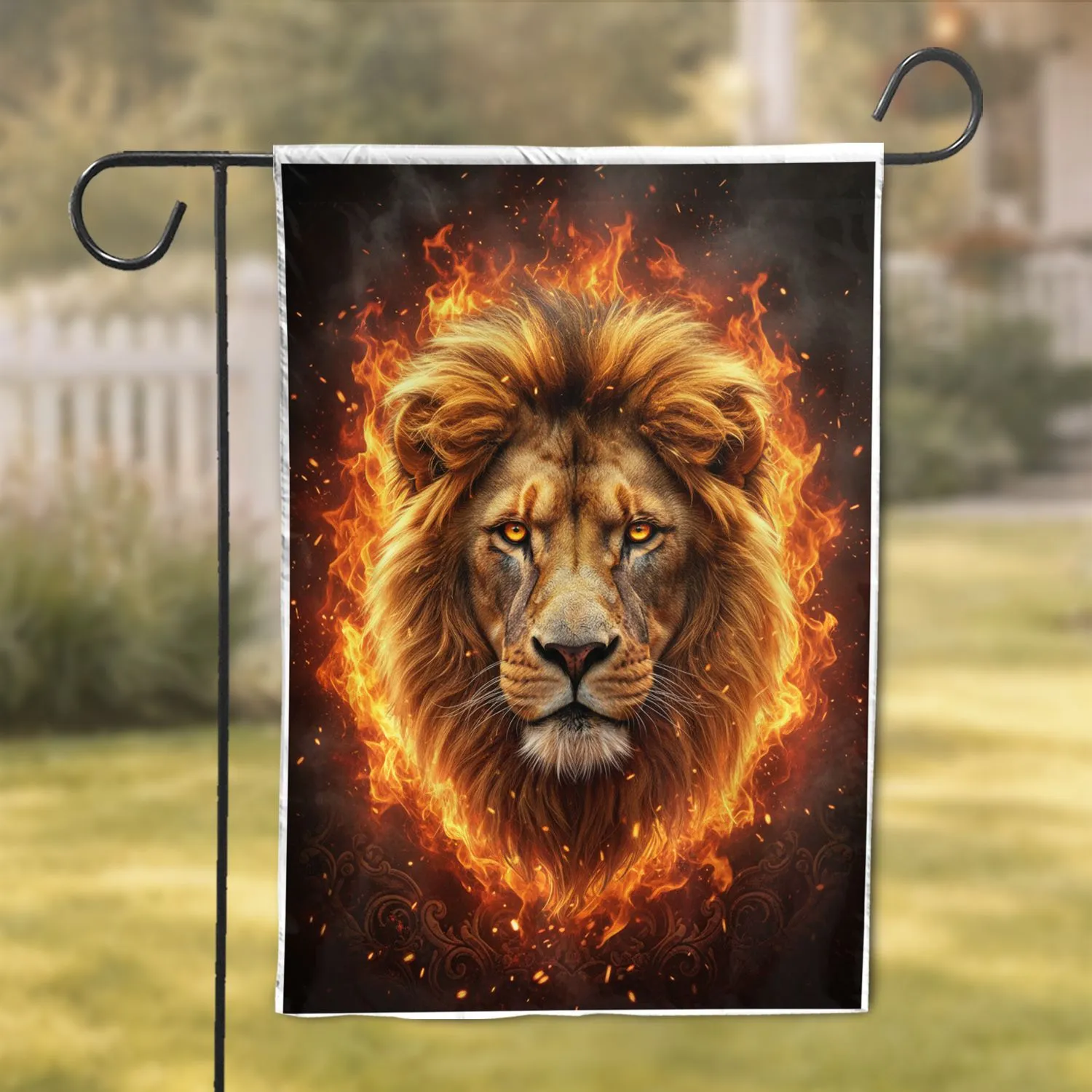 Lion Head Golden Mane Amber Eyes Swirling Fire Inferno Embers - Wildlife Lover Home Decor Gift Garden Flag - 1