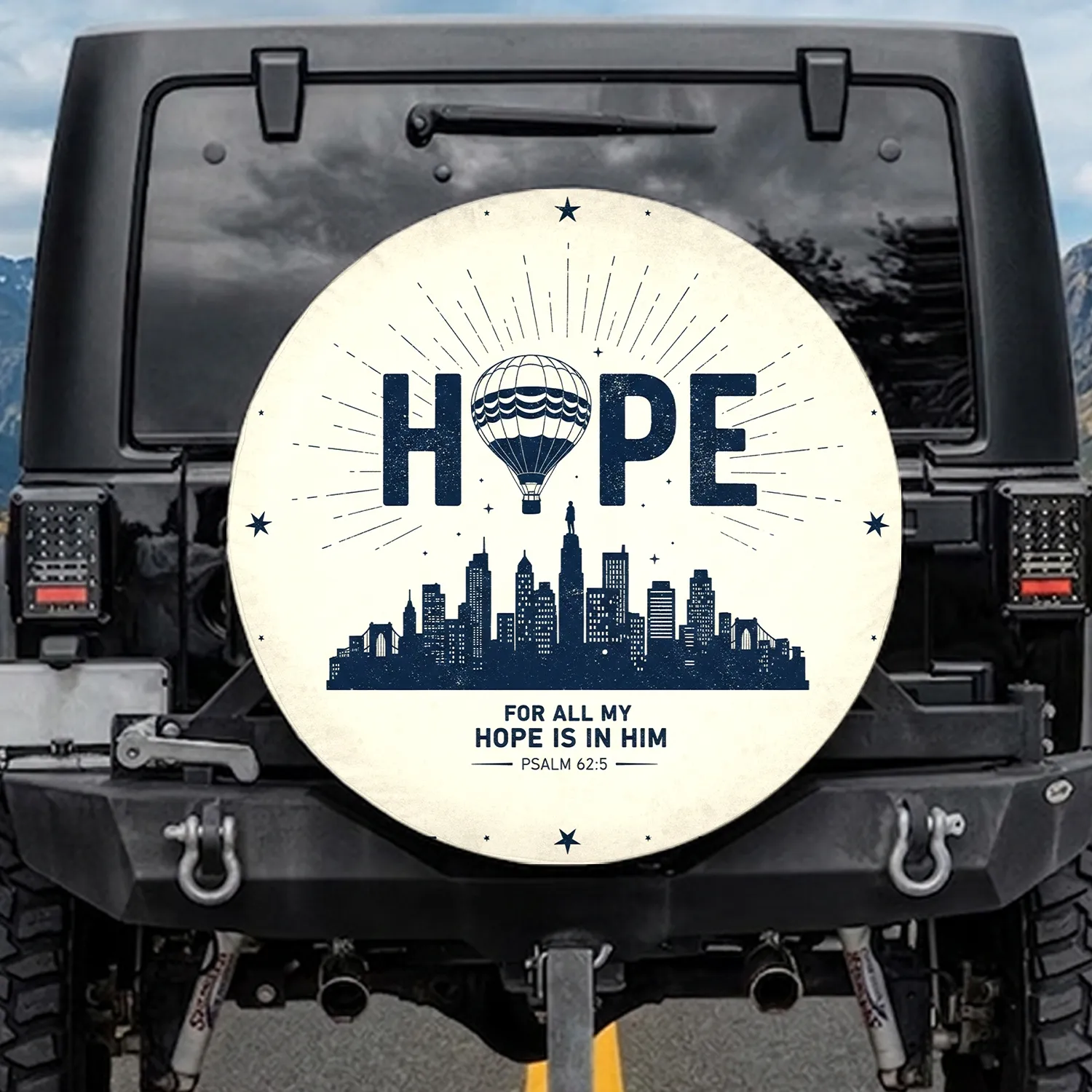Hope Typography Hot Air Balloon Cityscape - Christian Faith Gift for Believers Spare Tire Cover - 1