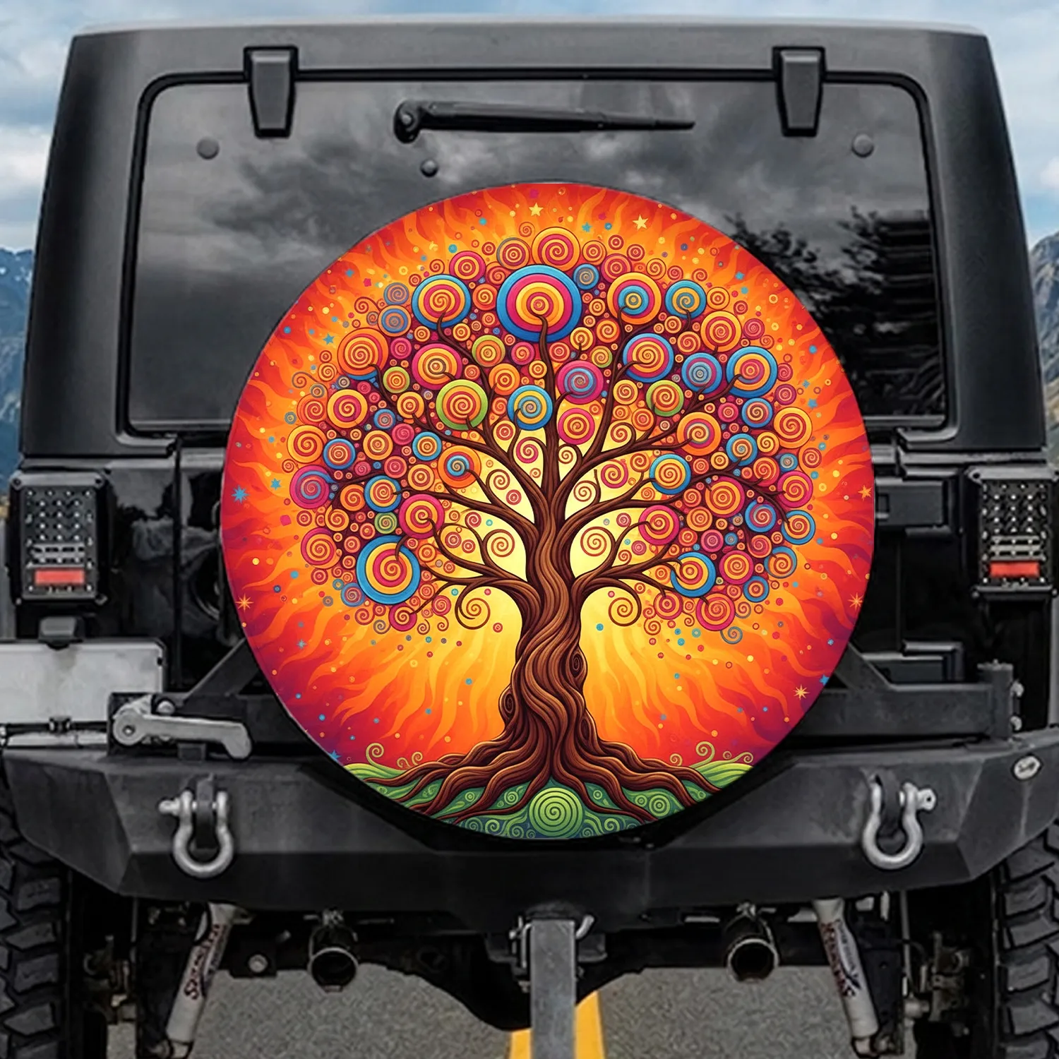 Sturdy Tree of Life Foliage Spirals Stars - Boho Lifestyle Gift Spare Tire Cover - 1