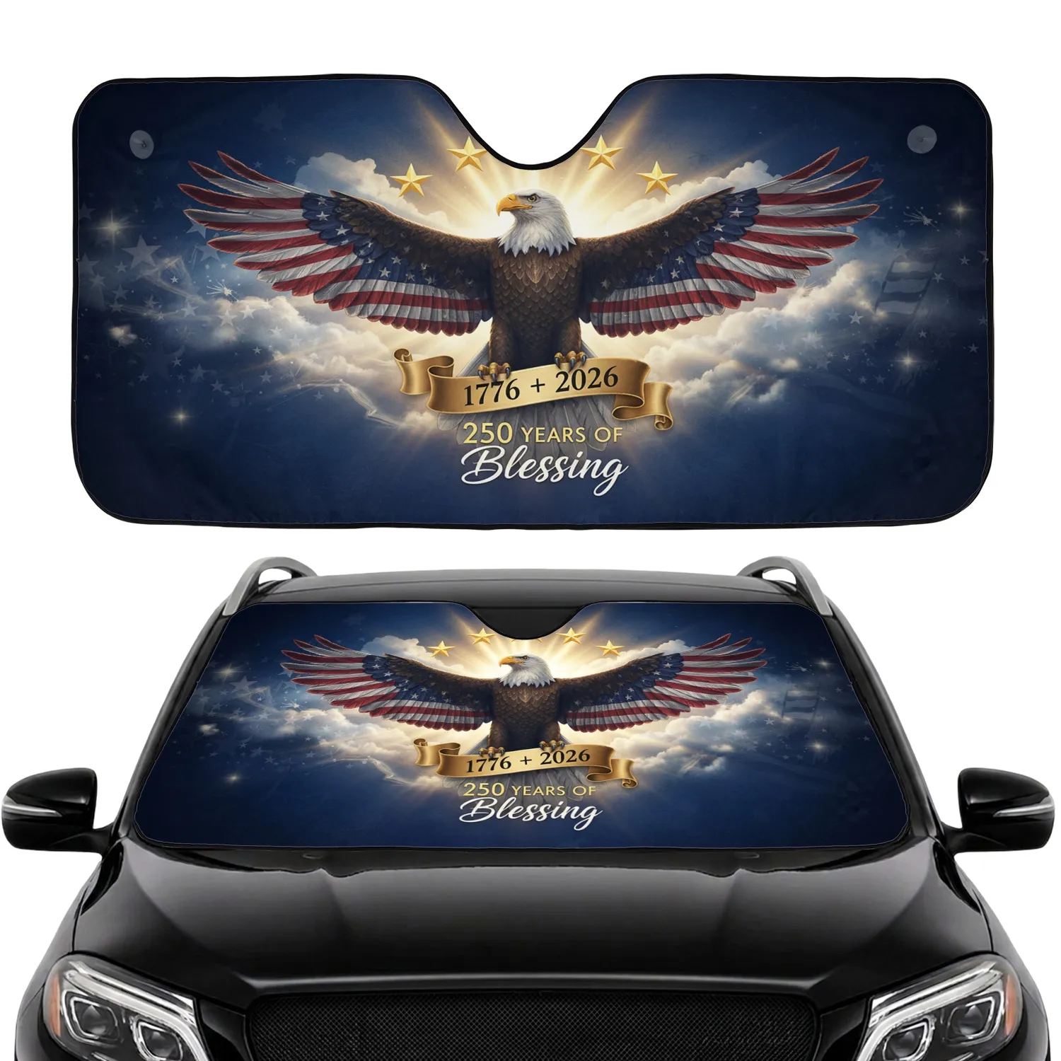 Bald Eagle American Flag 1776-2026 - USA 250th Anniversary Commute Accessory Car Sunshade - 1