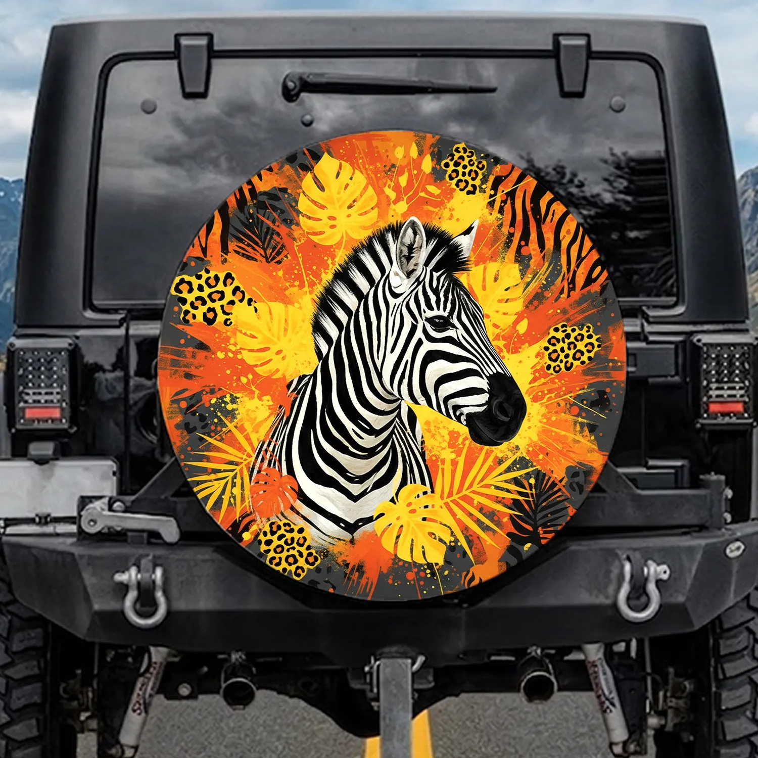 Zebra Tiger Leopard Tropical Botanical Leaves - Wildlife Safari Lover Gift Spare Tire Cover - 1