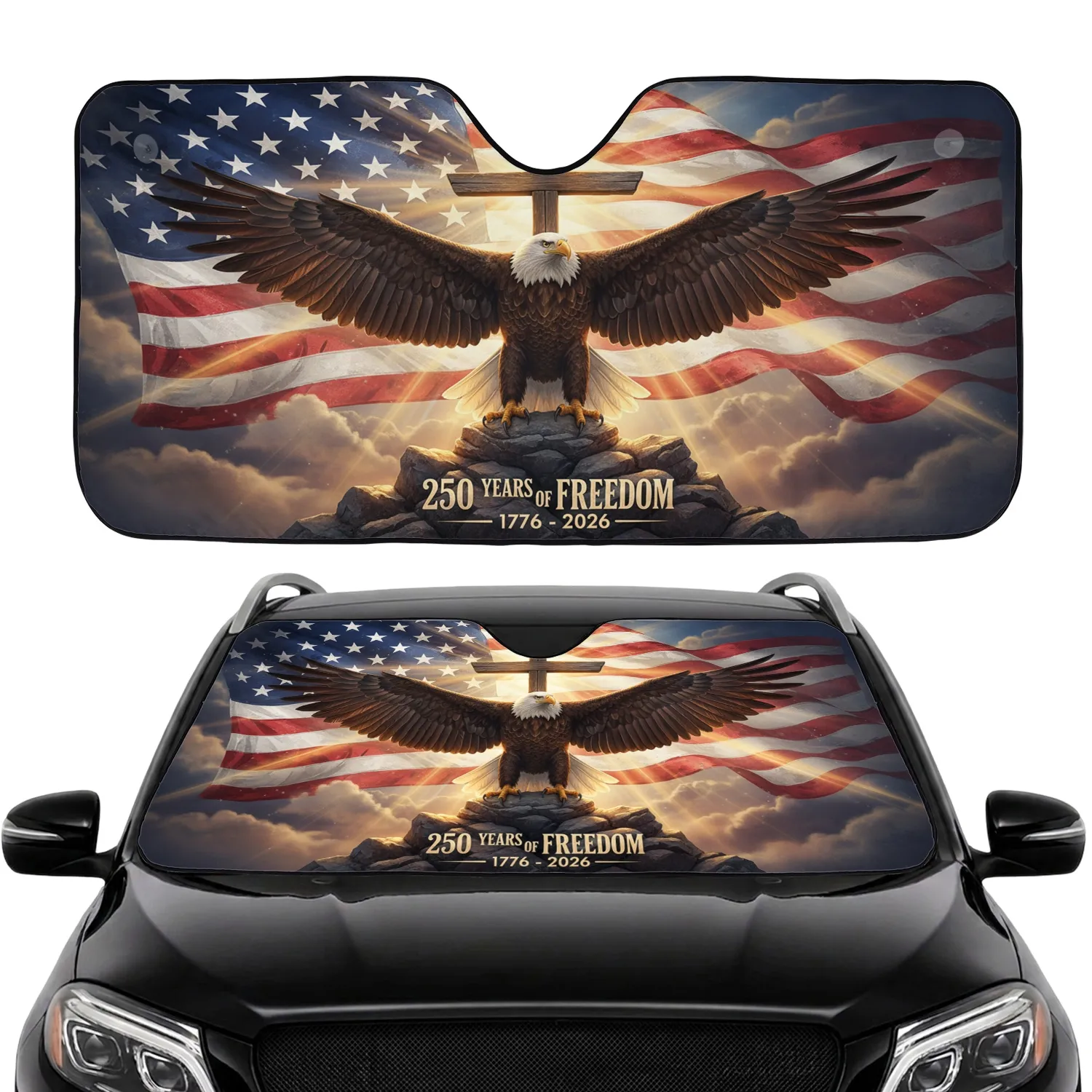 Bald Eagle American Flag 1776-2026 - USA 250th Anniversary Car Accessory for Veterans Car Sunshade - 1
