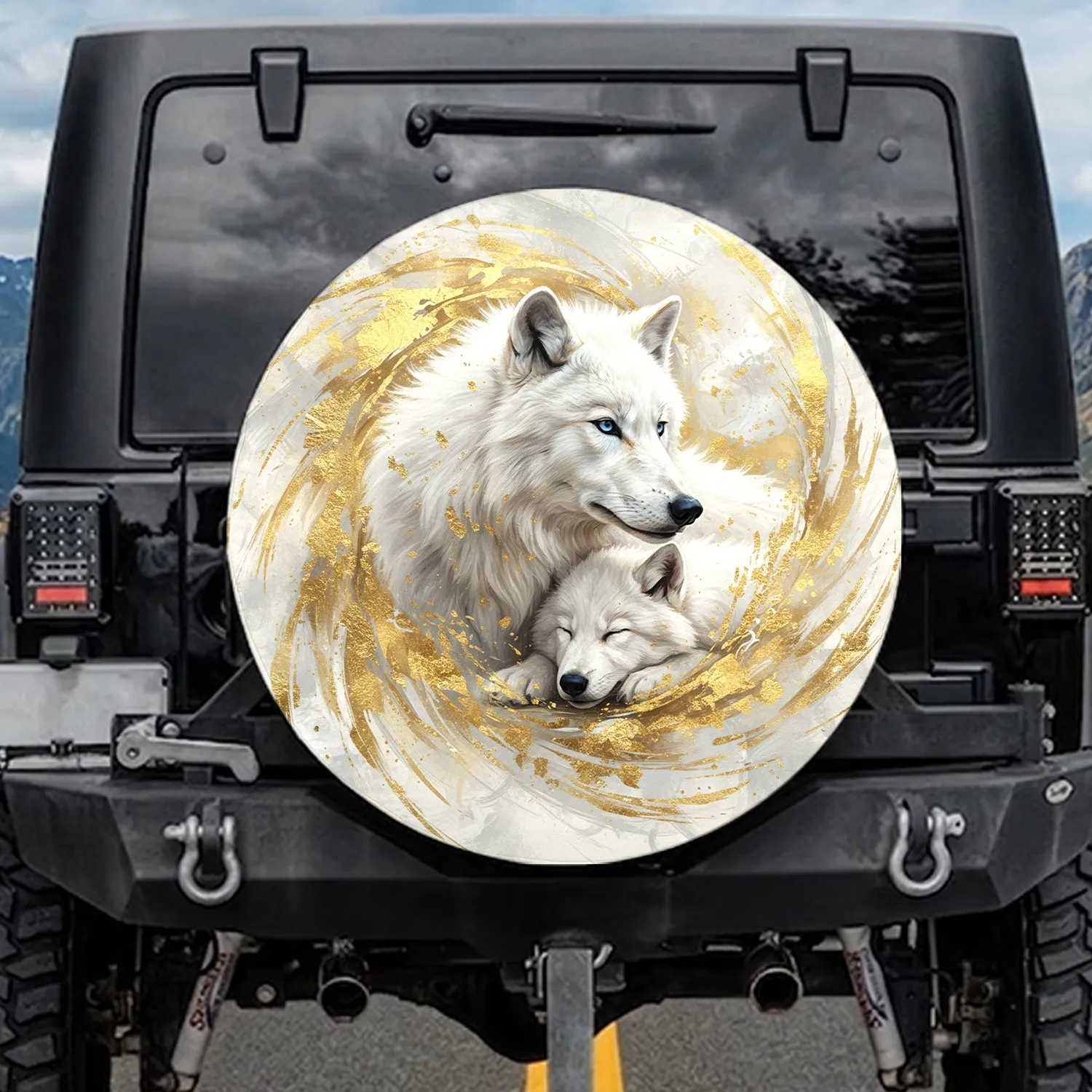 Adult & Pup White Wolves Blue Eyes Gold Leaf Accents - Wildlife Lover Gift Spare Tire Cover - 1