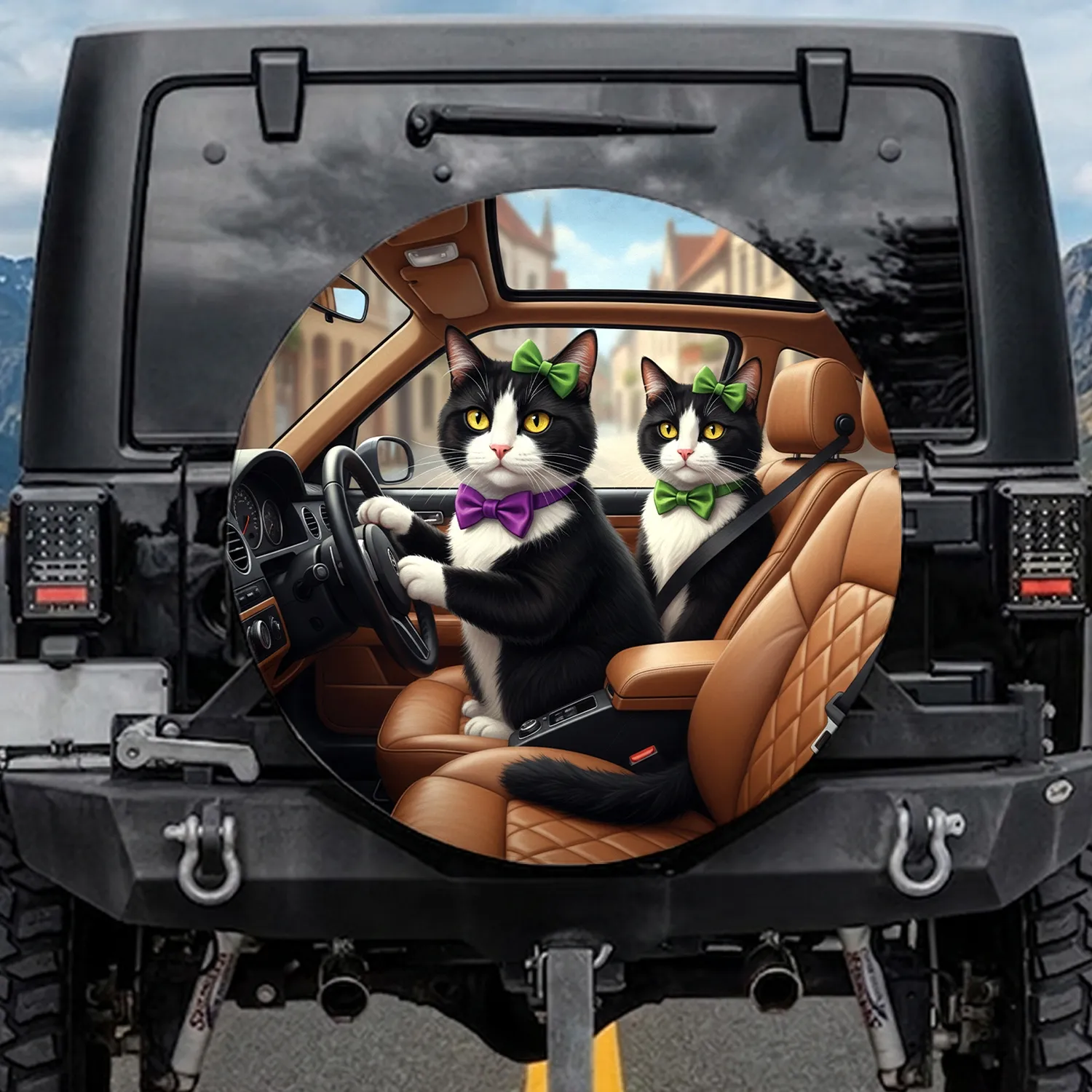 Tuxedo Cats Driving Luxurious Car European Street - Cat Lover Road Trip Gift Spare Tire Cover - 1