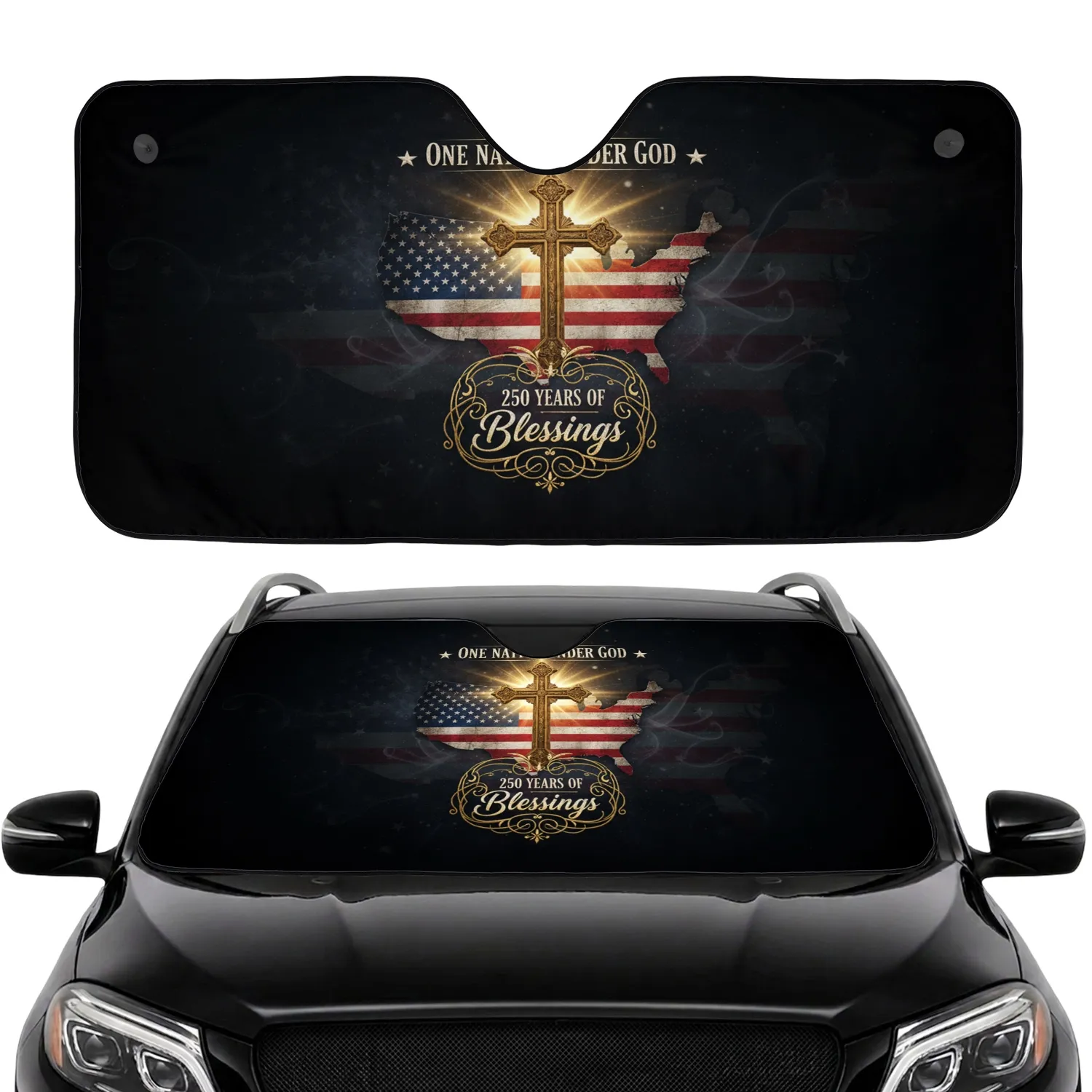 Golden Cross One Nation Under God Flag - 250 Years of Blessings Road Trip Essential Car Sunshade - 1