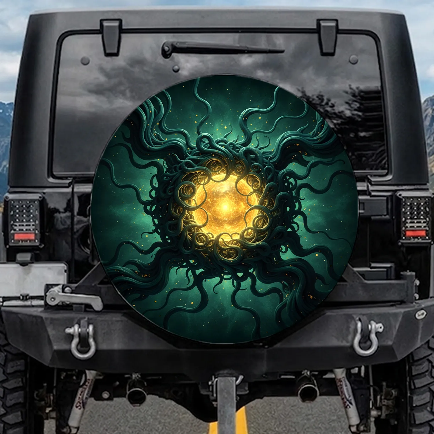 Bioluminescent Golden Sphere Dark Teal Tendrils Cosmic Abyss - Adventure Seeker Gift Spare Tire Cover - 1