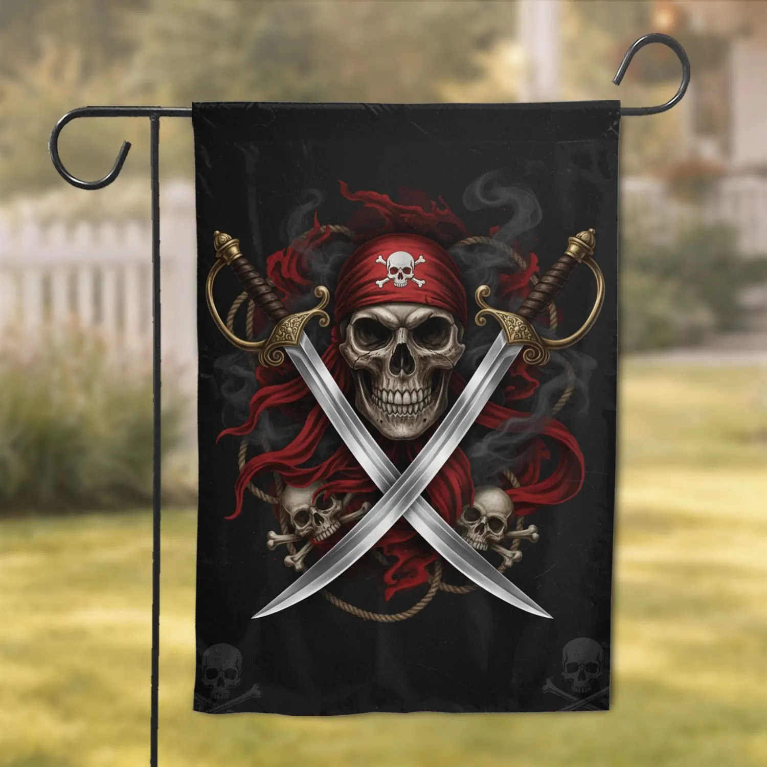 Pirate Skull Crossed Cutlasses Red Bandana - Adventure Lover Home Decor Garden Flag - 1