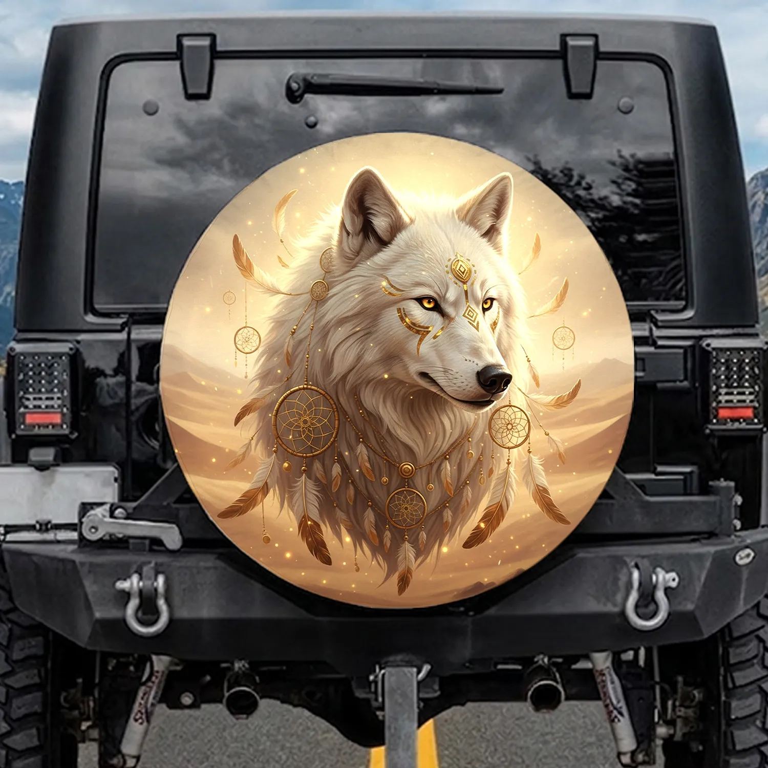 White Wolf Golden Tribal Dreamcatchers Desert - Wildlife Lover Gift Spare Tire Cover - 1