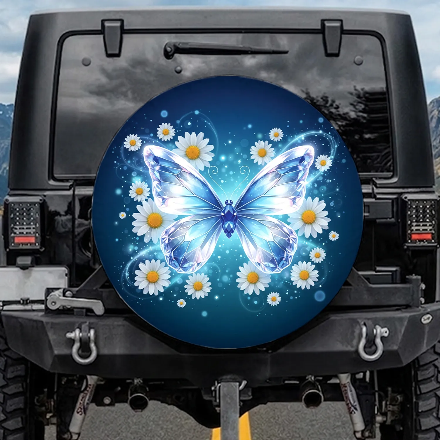 Luminous Crystal Butterfly Sapphire Gem White Daisy Flowers - Everyday Home Decor Gift Spare Tire Cover - 1