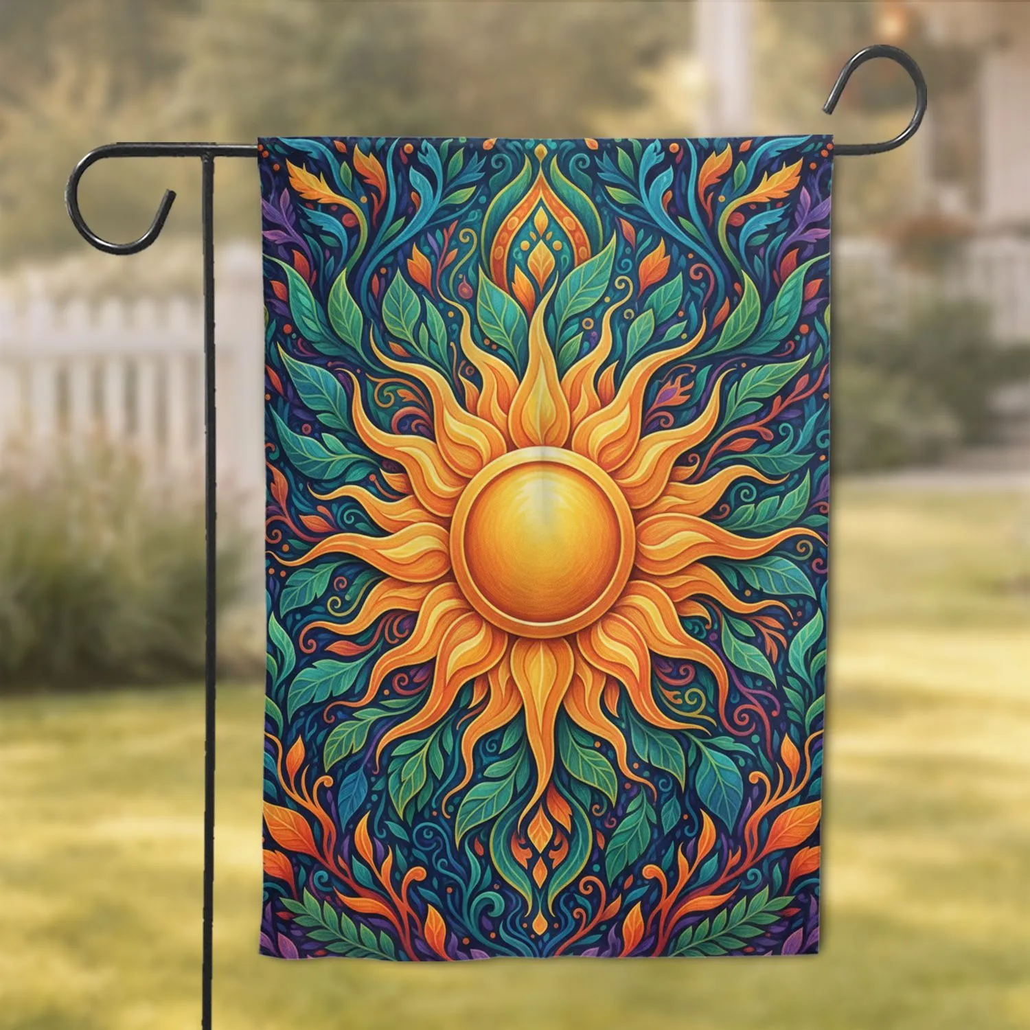 Radiant Sun Swirling Leafy Botanicals Cosmic Garden - Psychedelic Bohemian Home Decor Gift Garden Flag - 1
