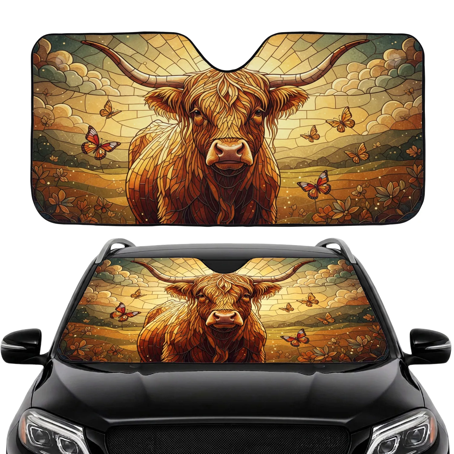 Highland Cow Stained Glass Butterfly - Car Interior Upgrade Car Sunshade - 1