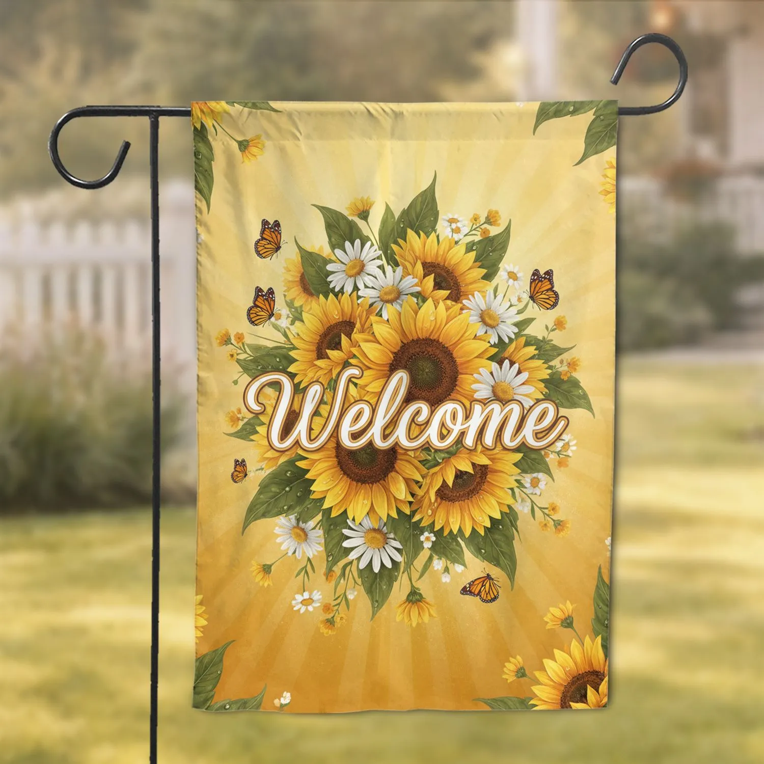 Sunflowers Daisies Monarch Butterflies Welcome Script Text Home Decor Gift Garden Flag - 1