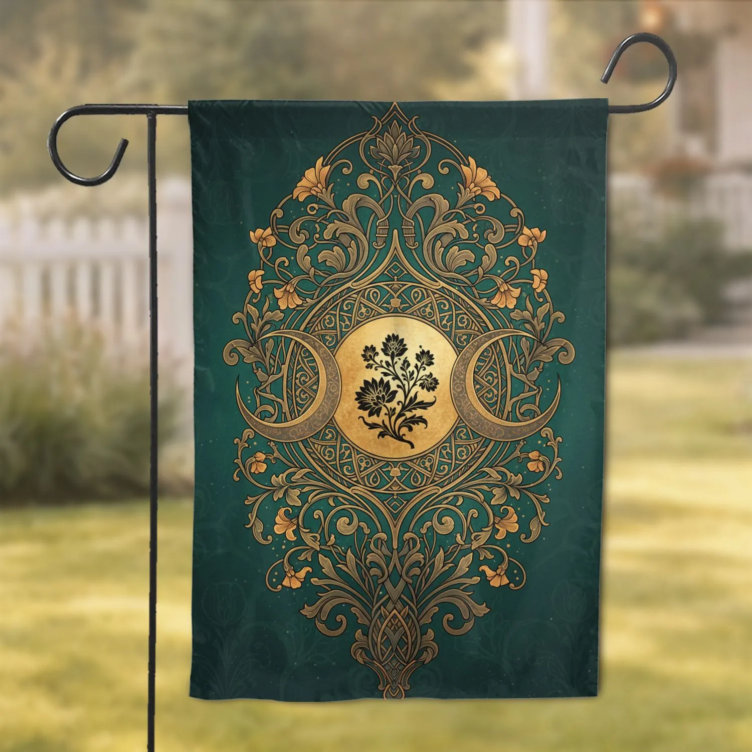 Ornate Golden Full Moon Crescent Botanical Flowers - Everyday Home Decor Gift Garden Flag - 1