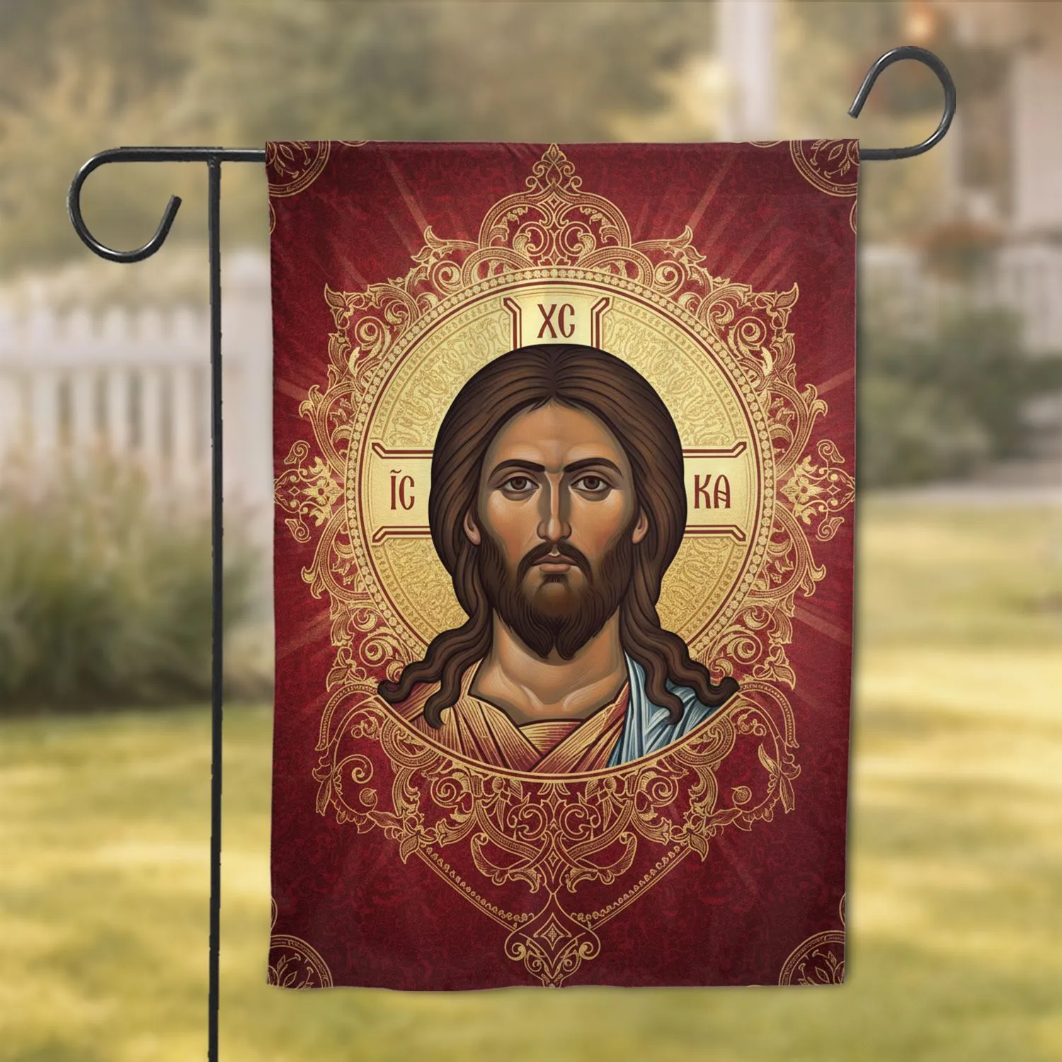 Jesus Christ Orthodox Icon Byzantine Style Golden Halo - Spiritual Home Decor Gift Garden Flag - 1