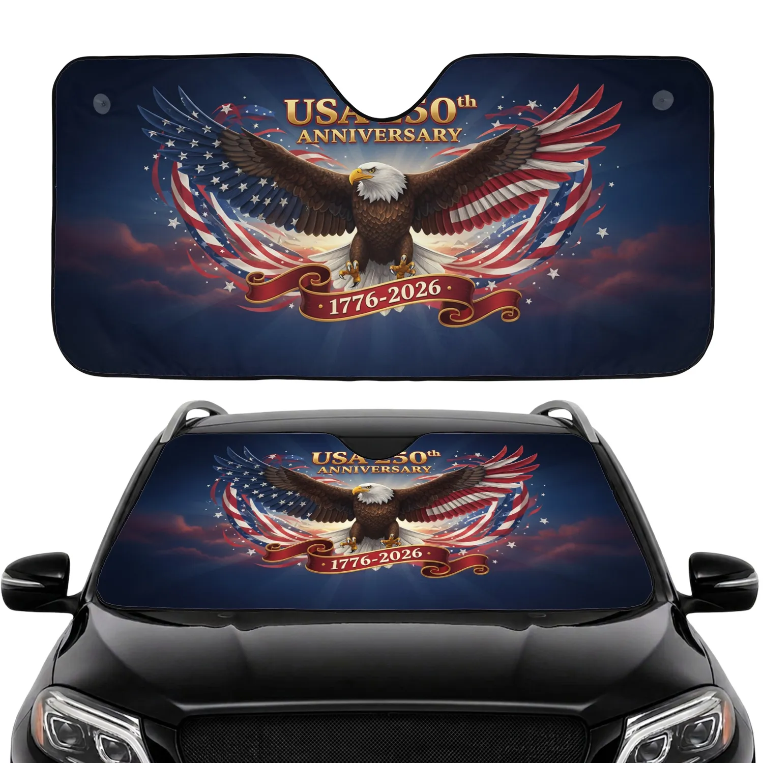 Bald Eagle American Flag 1776-2026 USA 250th Anniversary - Road Trip Essential for Veterans Car Sunshade - 1