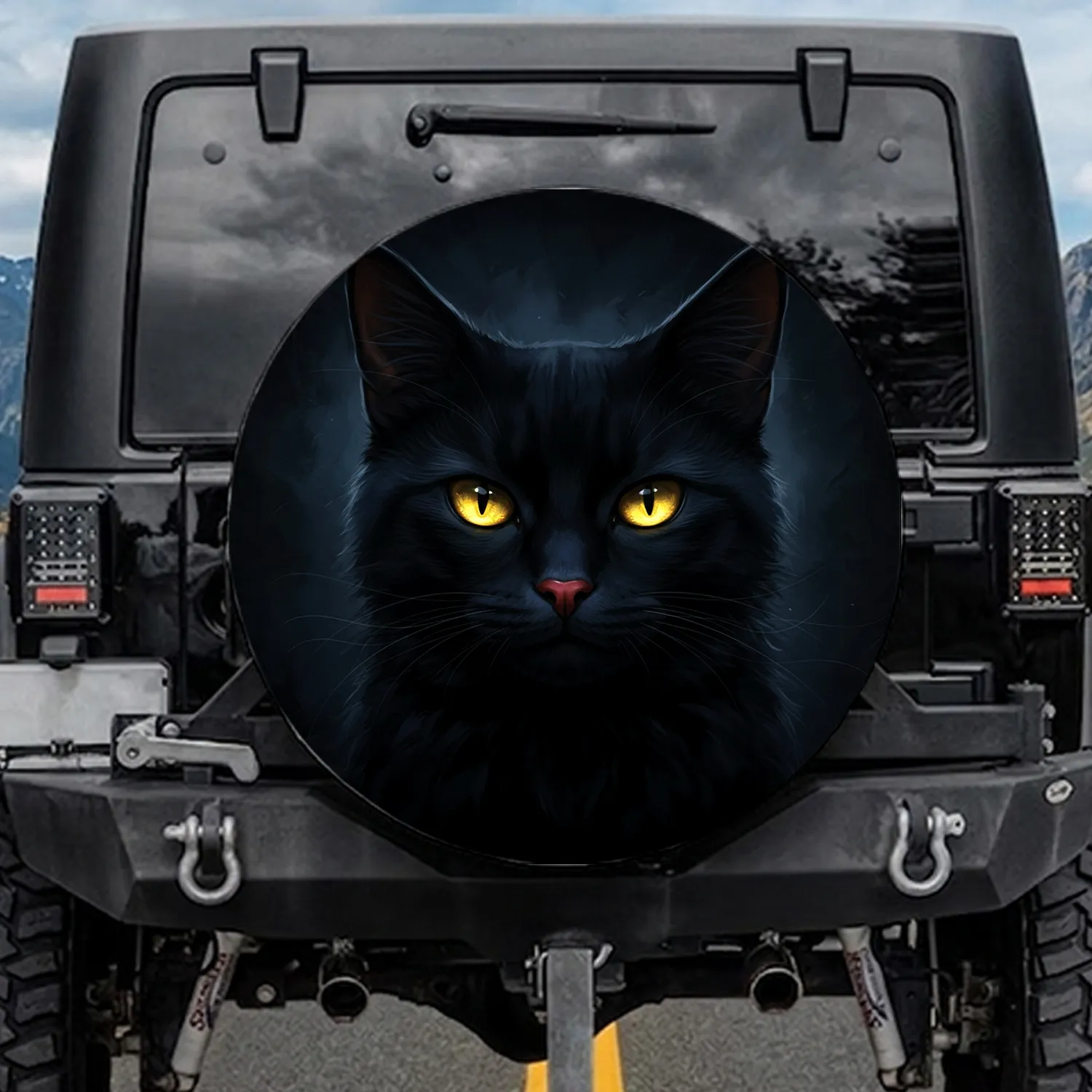 Black Cat Golden Slit Eyes Rich Dark Fur Nocturnal Shadow - Wildlife Lover Gift Spare Tire Cover - 1