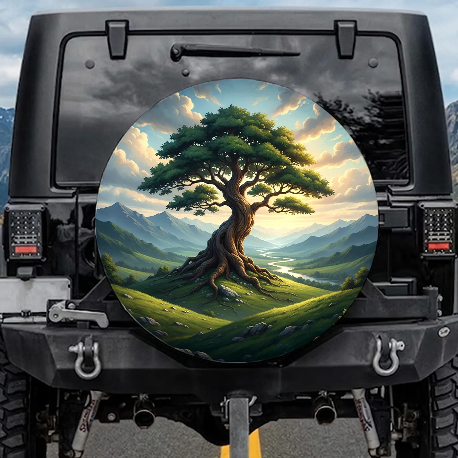 Expansive Landscape Ancient Gnarled Tree River Mountain Hills - Nature Lover Gift Spare Tire Cover - 1