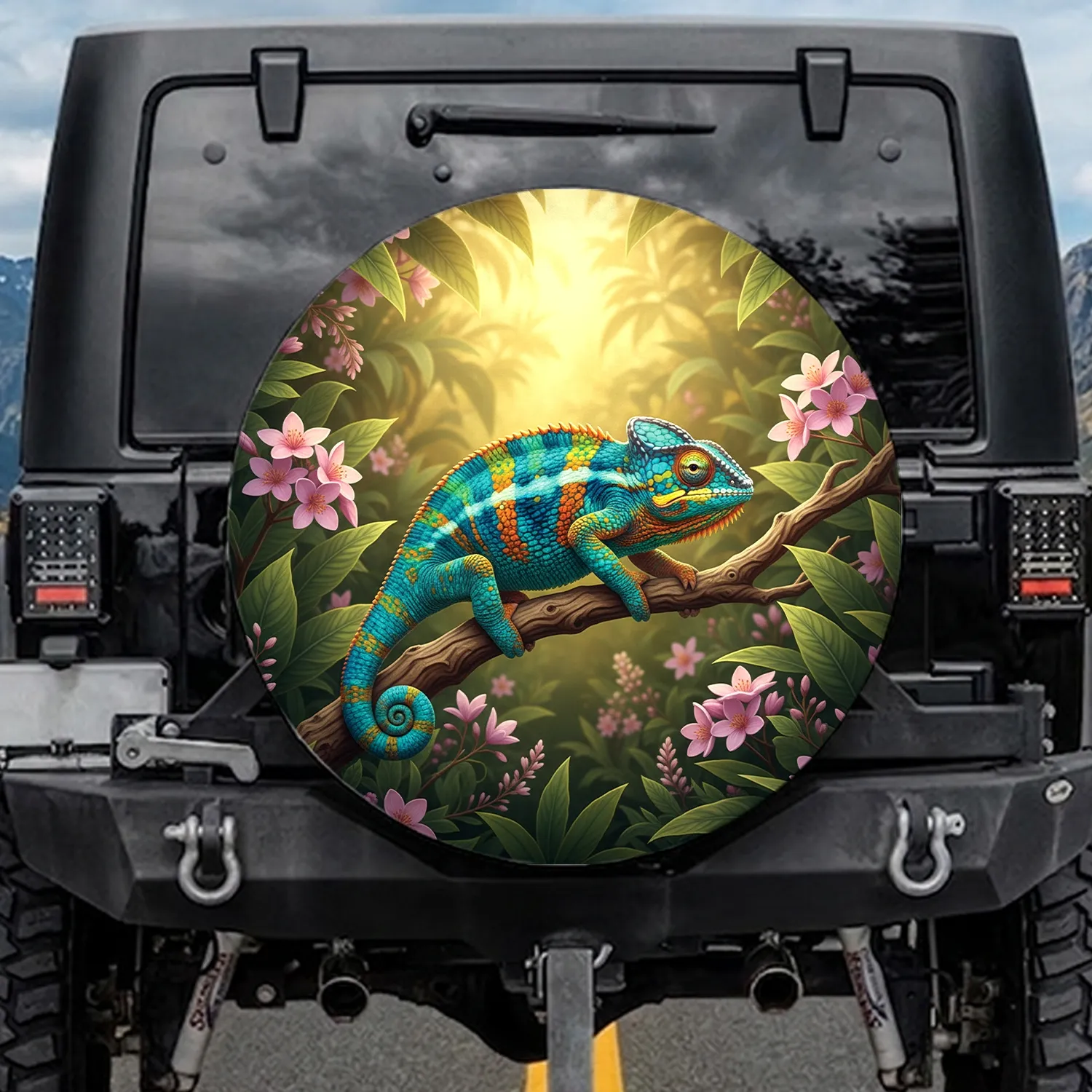 Azure Chameleon Gnarled Branch Pink Flowers Lush Tropical Garden - Exotic Animal Lover Gift Spare Tire Cover - 1