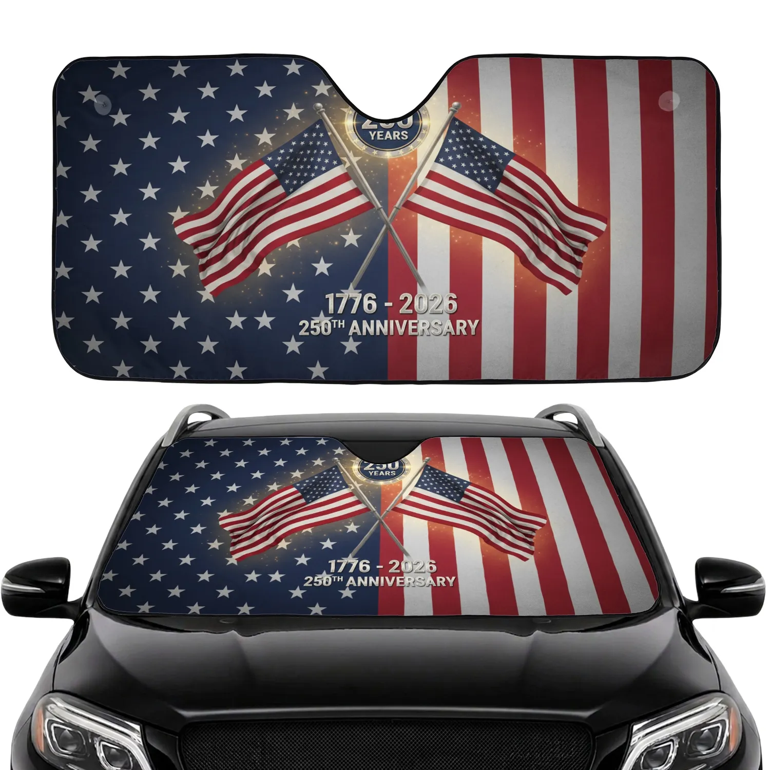 Crossed American Flags 1776-2026 USA 250th Anniversary Road Trip Gift Car Sunshade - 1