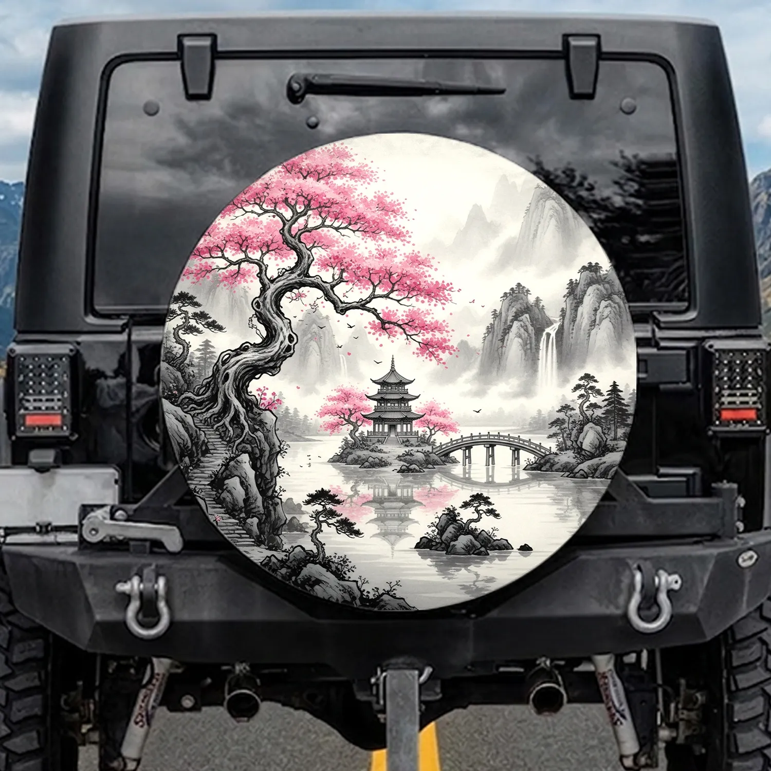 Cherry Blossom Pagoda Misty Mountain Lake - Outdoor Lifestyle Gift Spare Tire Cover - 1