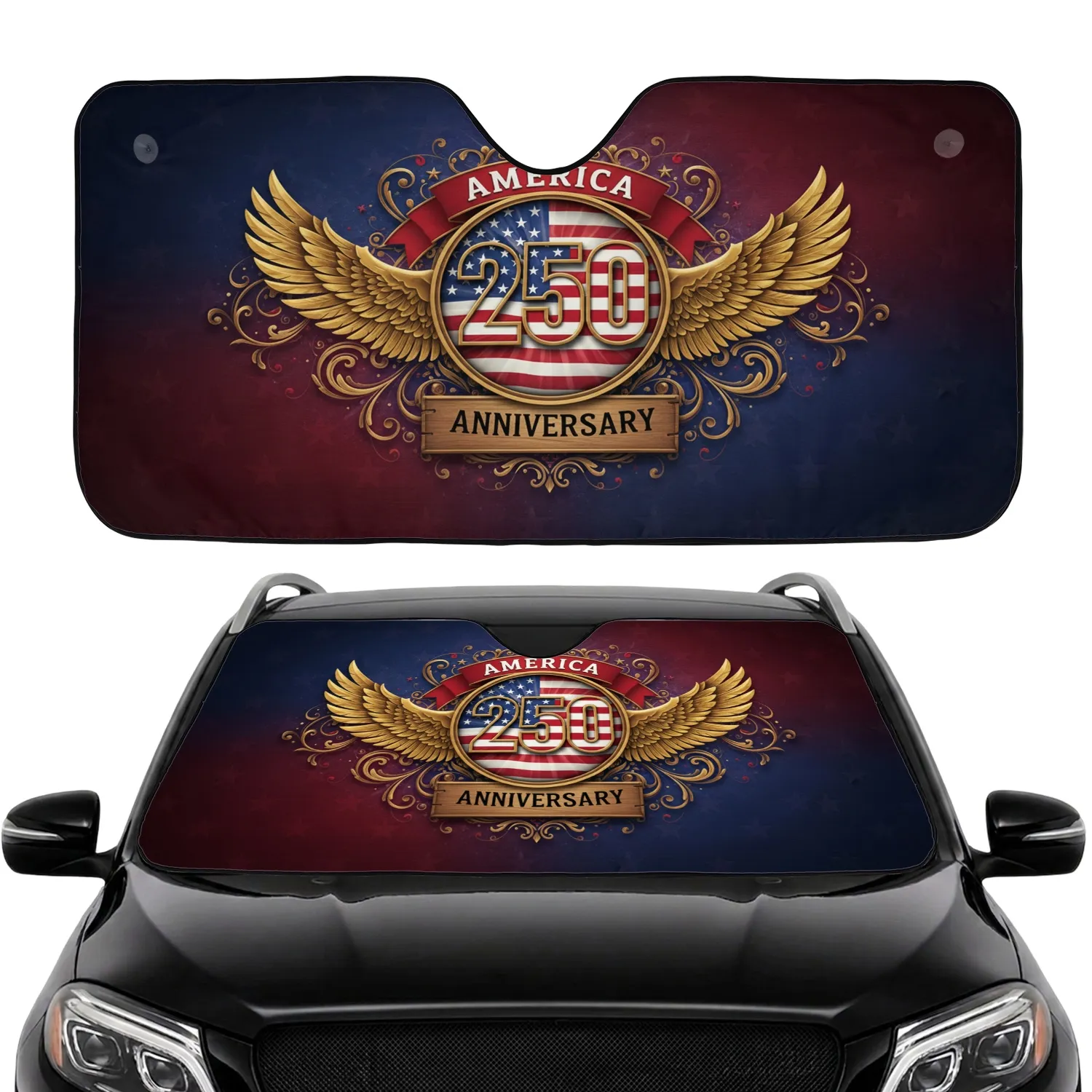 American Flag 250 Emblem Eagle Feathers - 250th Anniversary Road Trip Gift Car Sunshade - 1