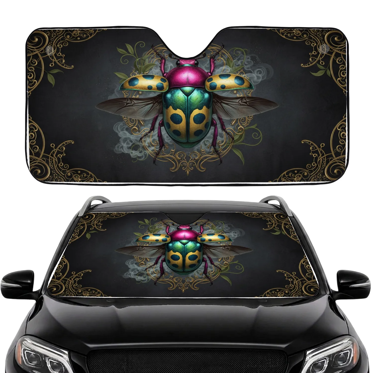 Shimmering Iridescent Beetle Magenta Head Ornate Filigree - Car Interior Upgrade Car Sunshade - 1
