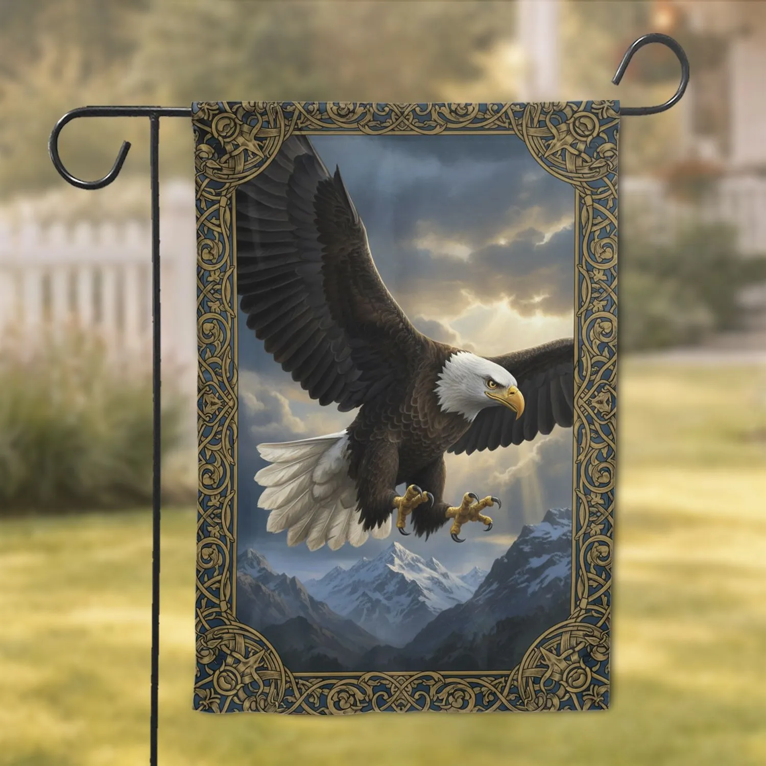 Bald Eagle Descending Flight Talons Extended Broad Wings Intense Gaze - Wildlife Lover Gift Garden Flag - 1