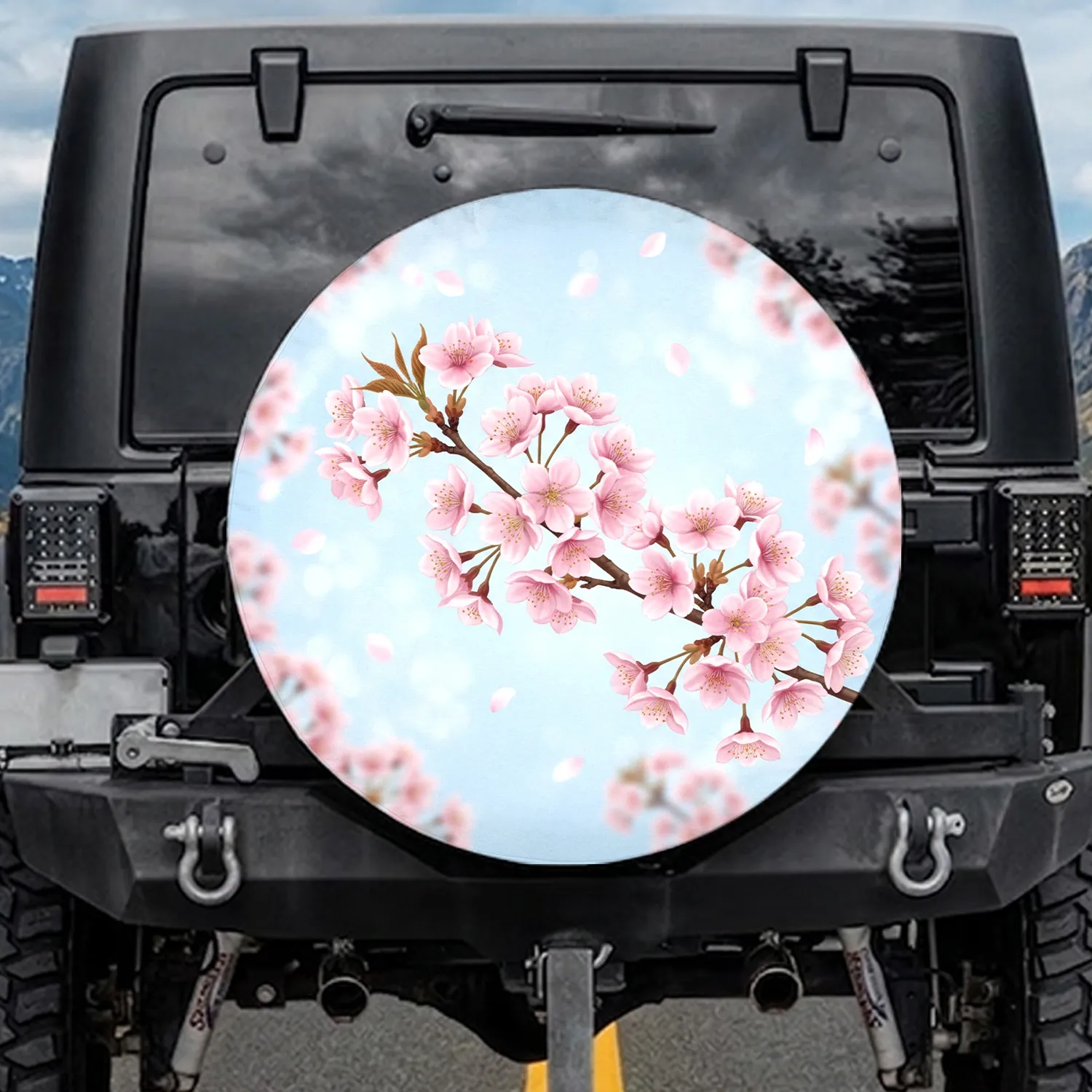 Realistic Pink Cherry Blossoms Sakura Sky Blue Background - Nature Lover Gift Spare Tire Cover - 1