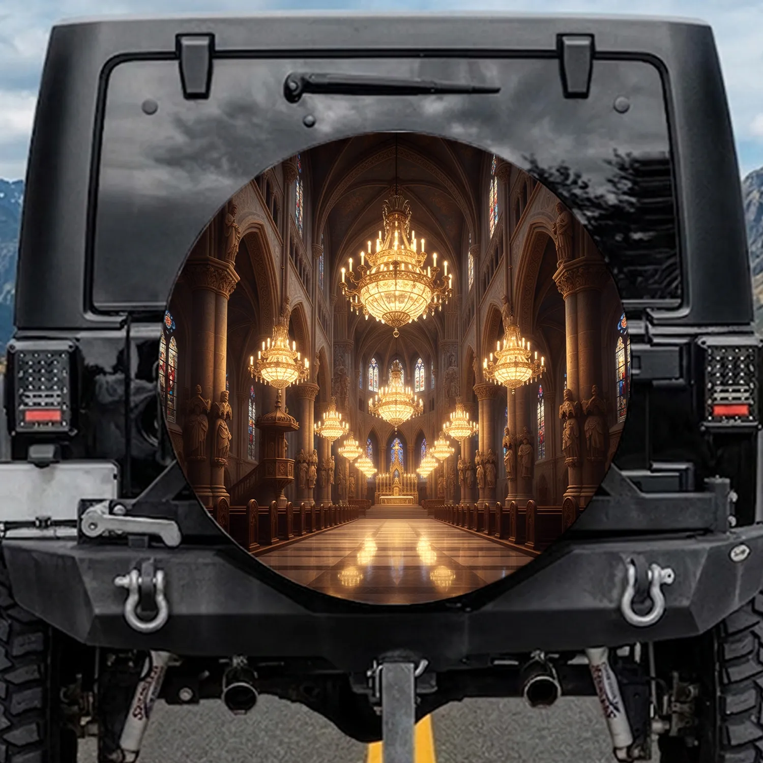 Cathedral Interior Altar Stained Glass Arches Chandeliers - Vehicle Decor Gift Spare Tire Cover - 1