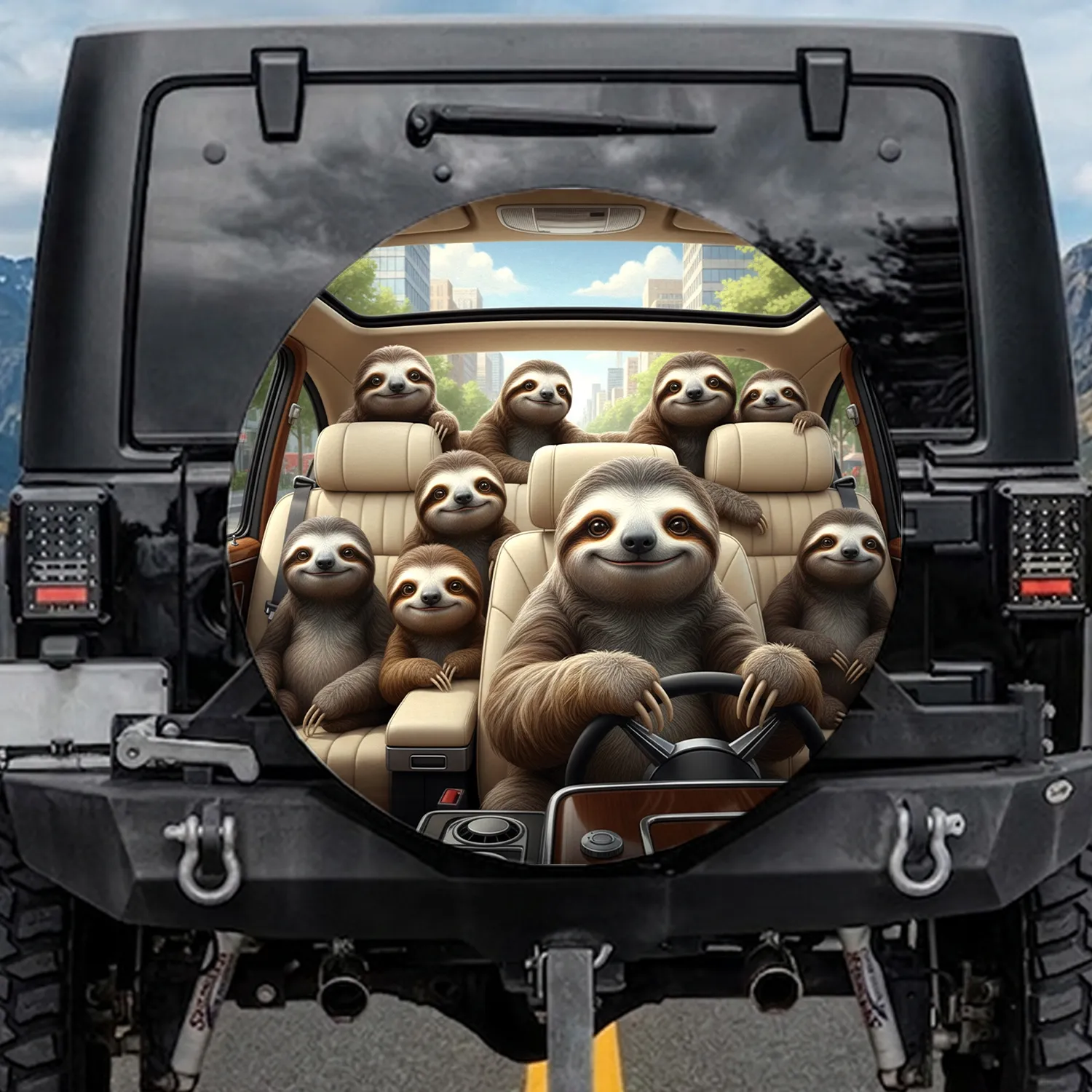 Sloths Driving Luxurious Vehicle City Scene - Wildlife Lover Gift for Sloth Enthusiasts Spare Tire Cover - 1