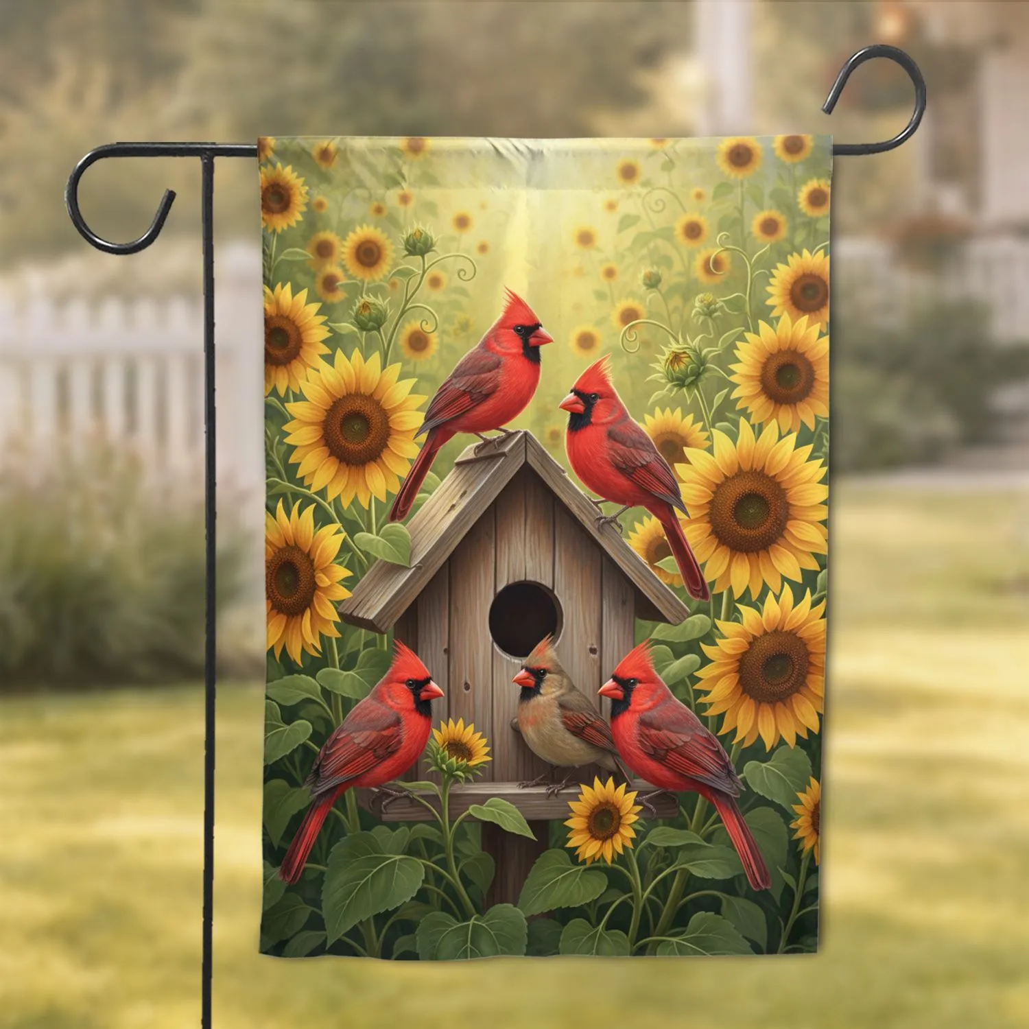 Red Cardinal Birds Golden Hour Sunflower Garden Birdhouse - Nature Lover Gift Garden Flag - 1