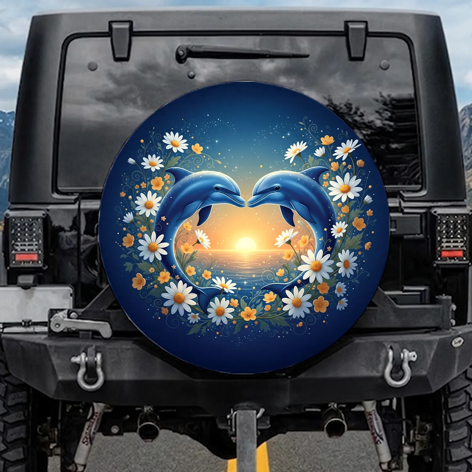 Blue Dolphins Heart White Flowers Golden Horizon - Wildlife Ocean Lover Gift Spare Tire Cover - 1