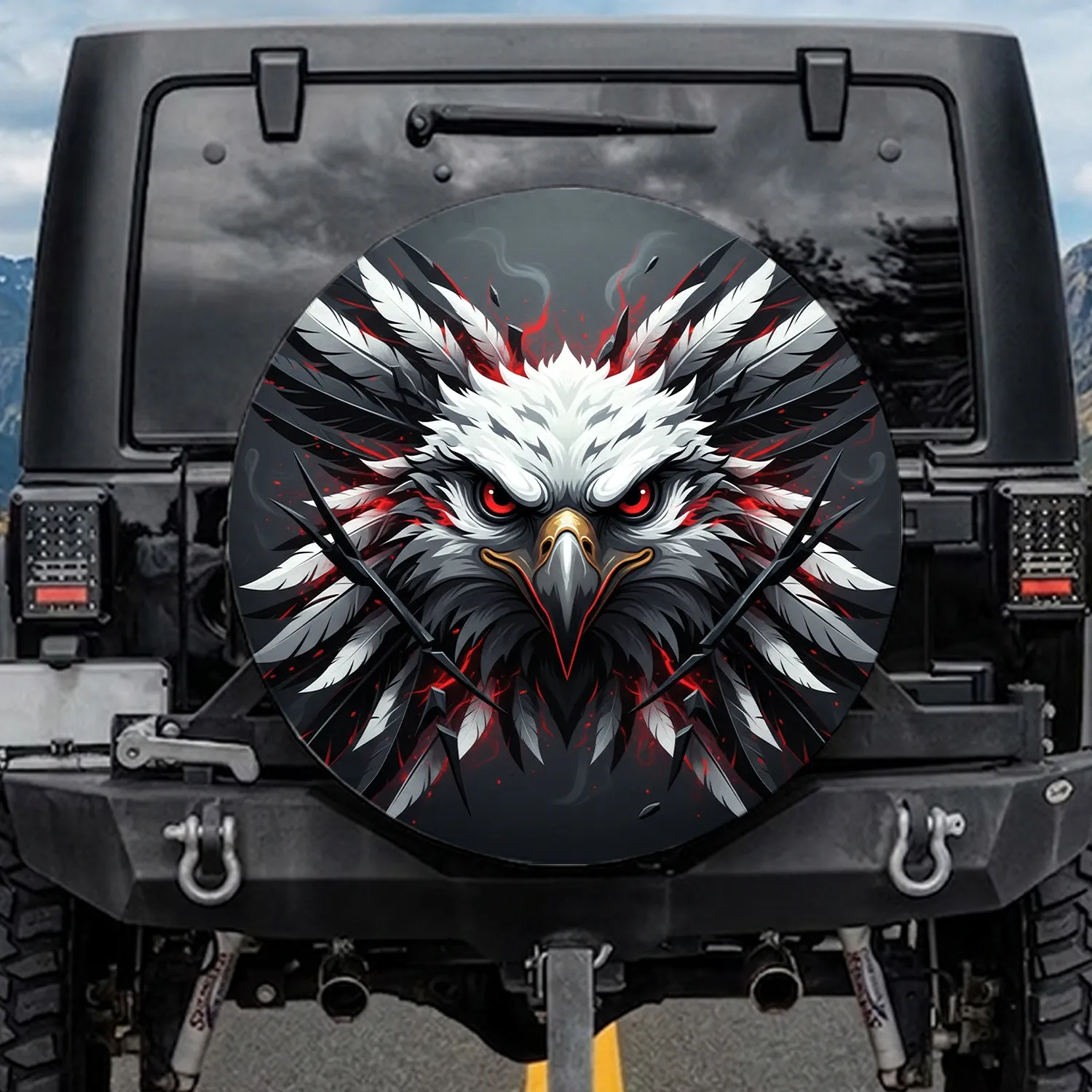 Charcoal Grey Eagle Red Eyes Grey Beak White Feathers - Wildlife Lover Gift Spare Tire Cover - 1