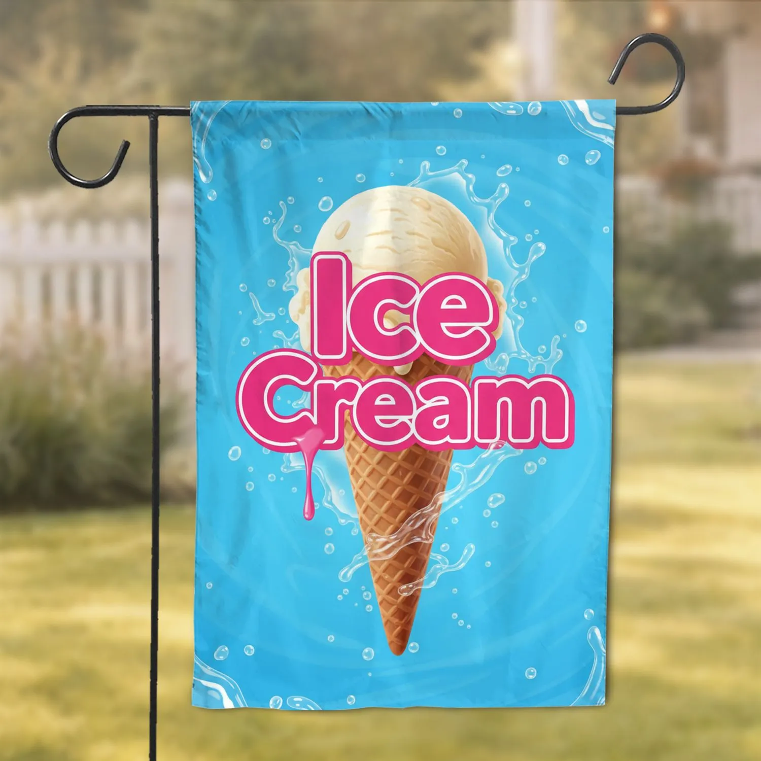 Hot Pink Ice Cream Waffle Cone Scoop Frosty Droplets Liquid Splashes - Home Decor Gift Garden Flag - 1