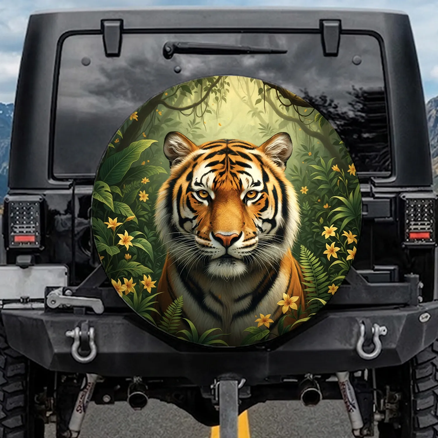 Powerful Bengal Tiger Head Lush Jungle Foliage - Dappled Sunlight Wildlife Lover Gift Spare Tire Cover - 1