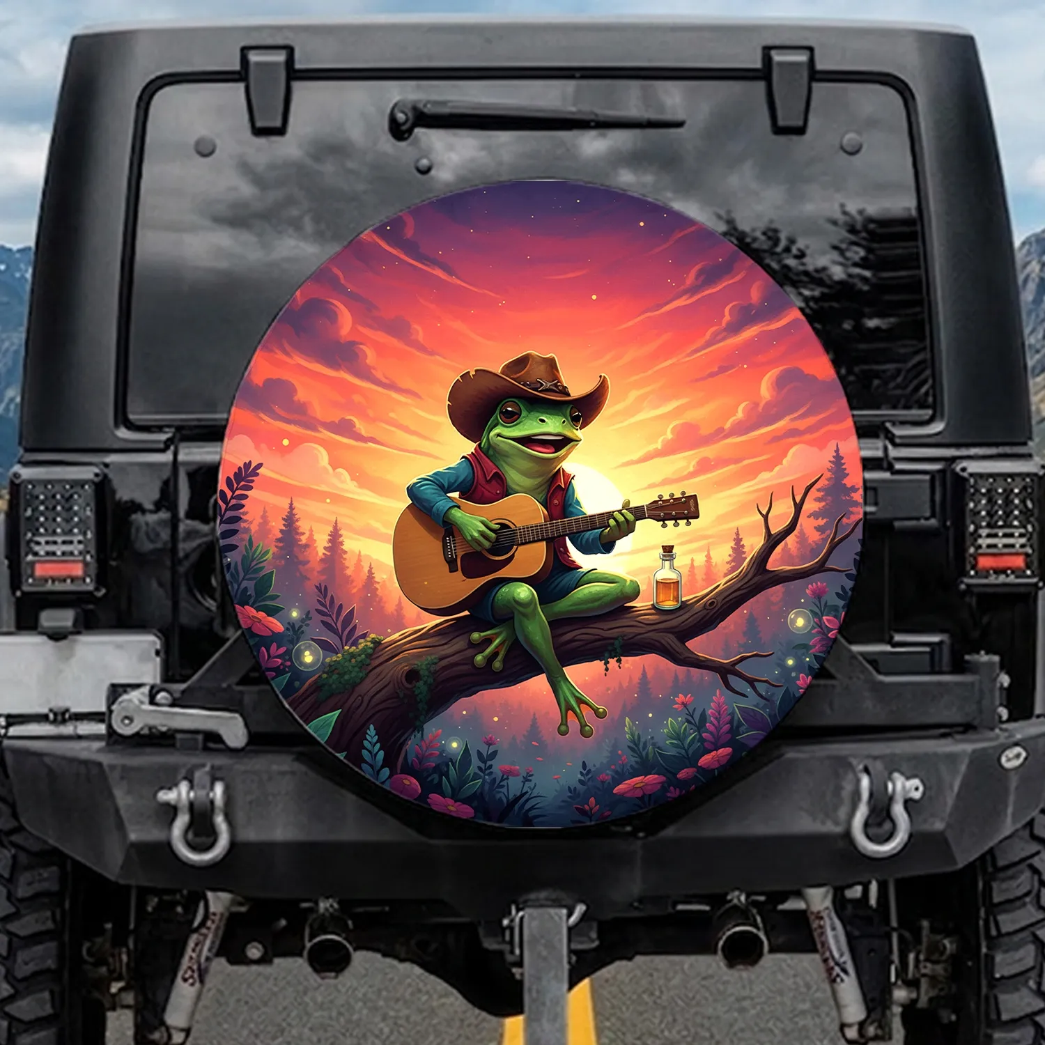 Vibrant Sunset Green Frog Cowboy Guitar Tree Branch - Wildlife Lover Gift Spare Tire Cover - 1