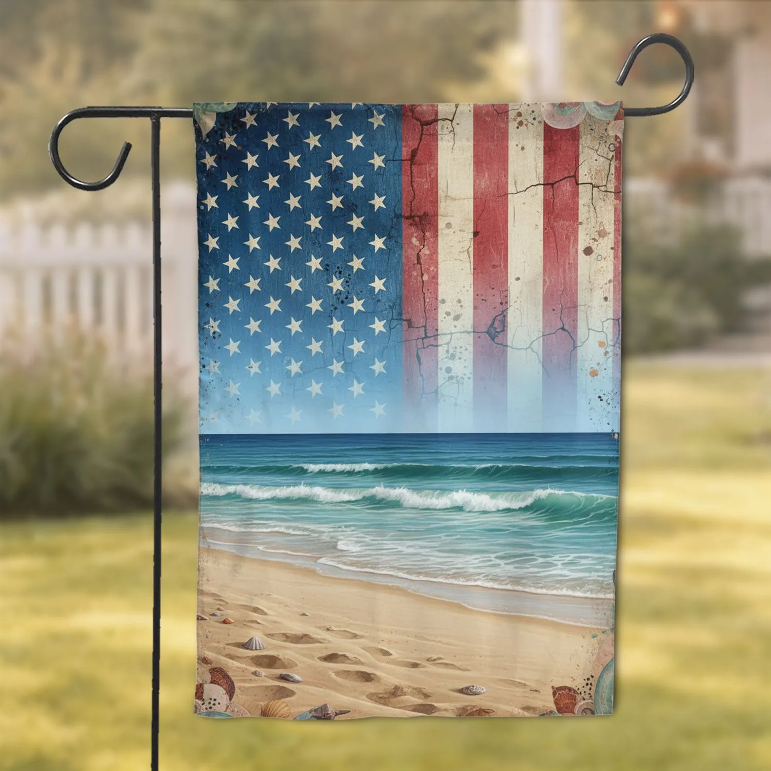 Distressed American Flag Ocean Beach - Independence Day Home Decor Gift Garden Flag - 1